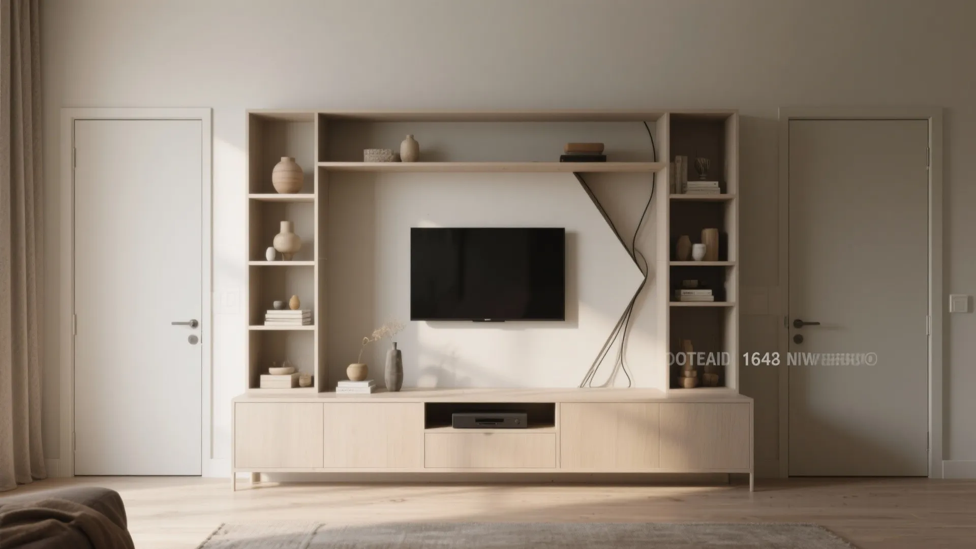 Modern wood cabinet with tv and shelves between two doors in a bright living room