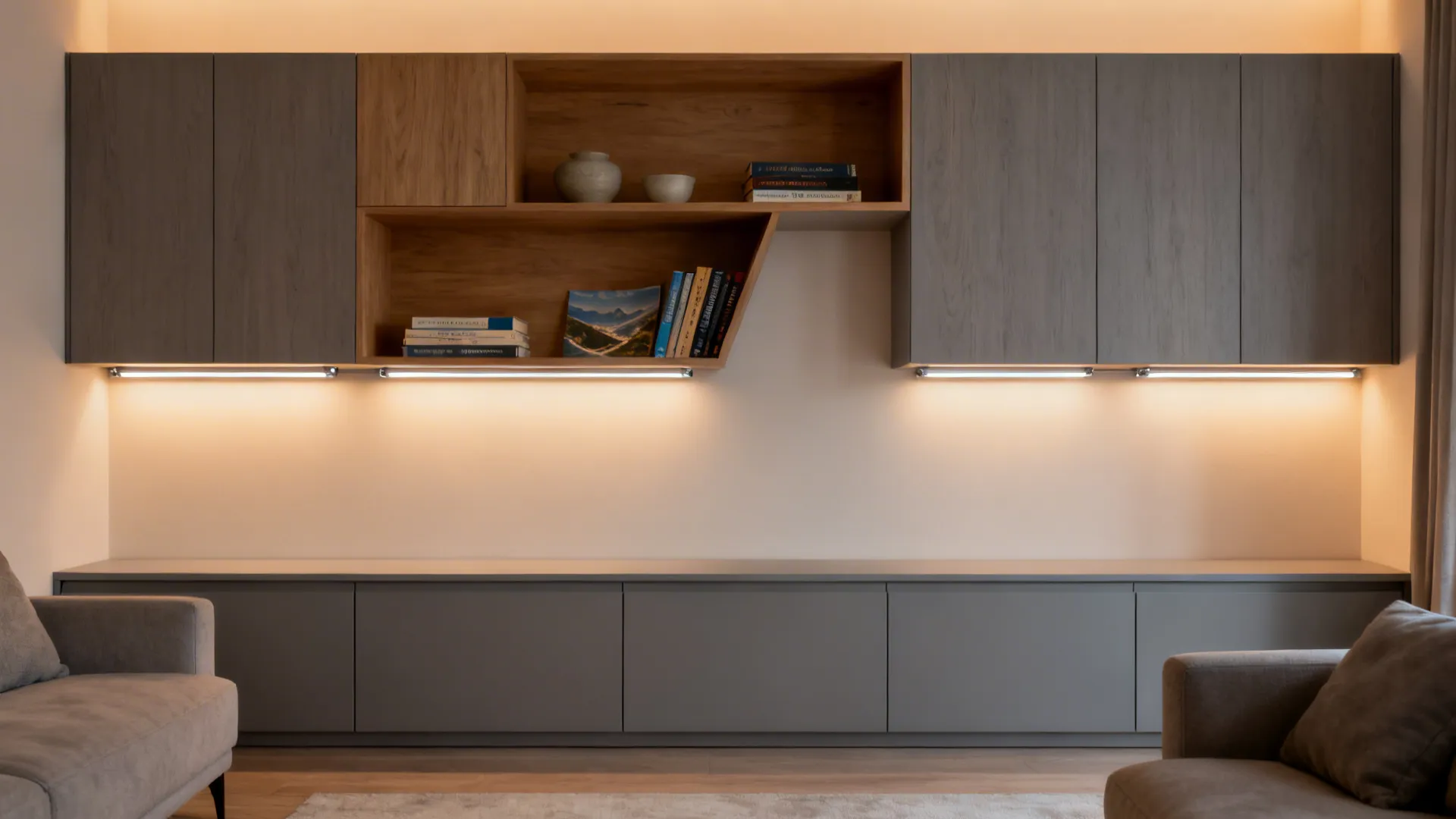 Open and closed living room wall cabinets with warm LED backlighting highlighting styled niches.