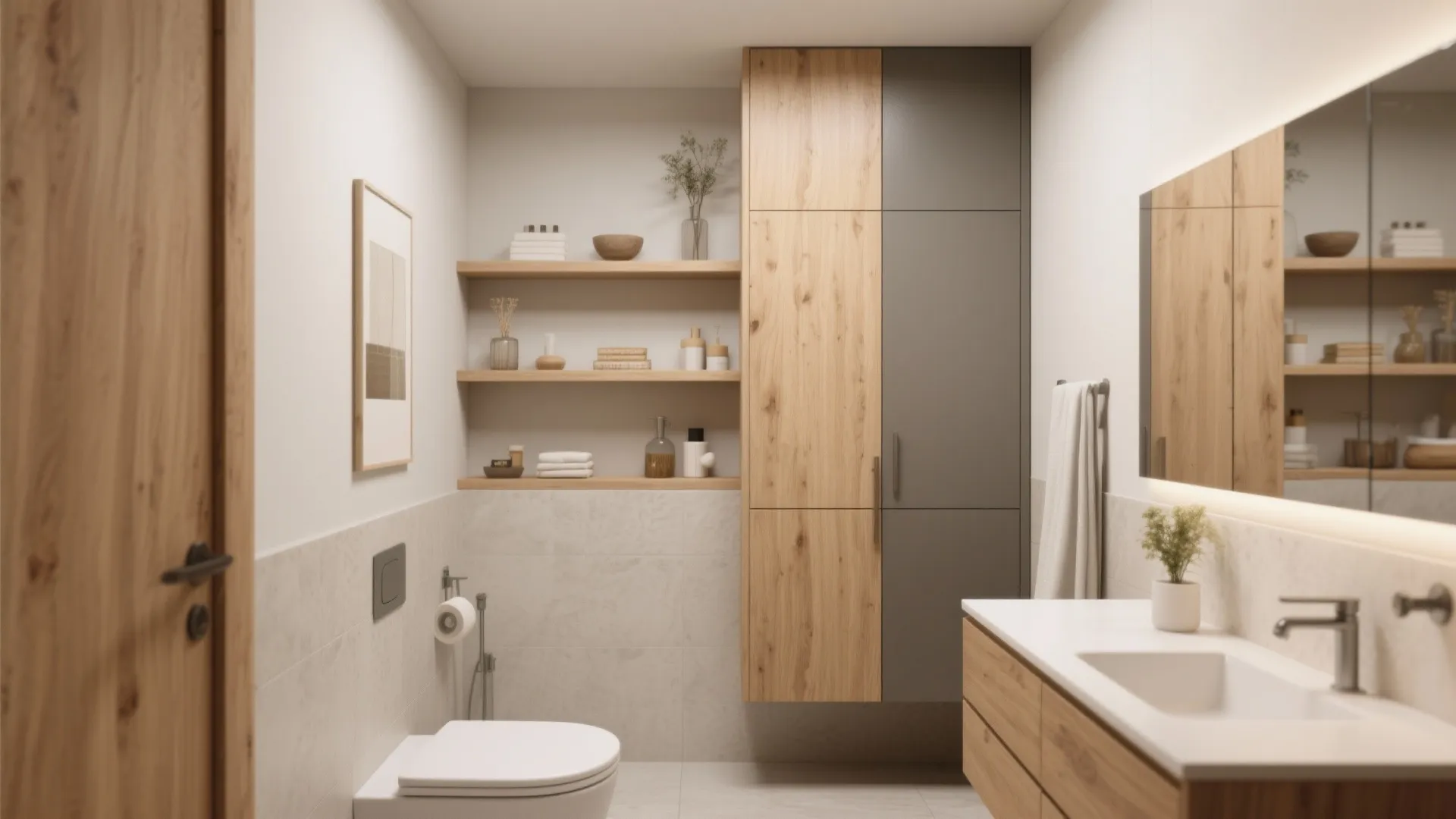 Bathroom interior design showing tall wood and grey cabinet open shelves with decor and toilet