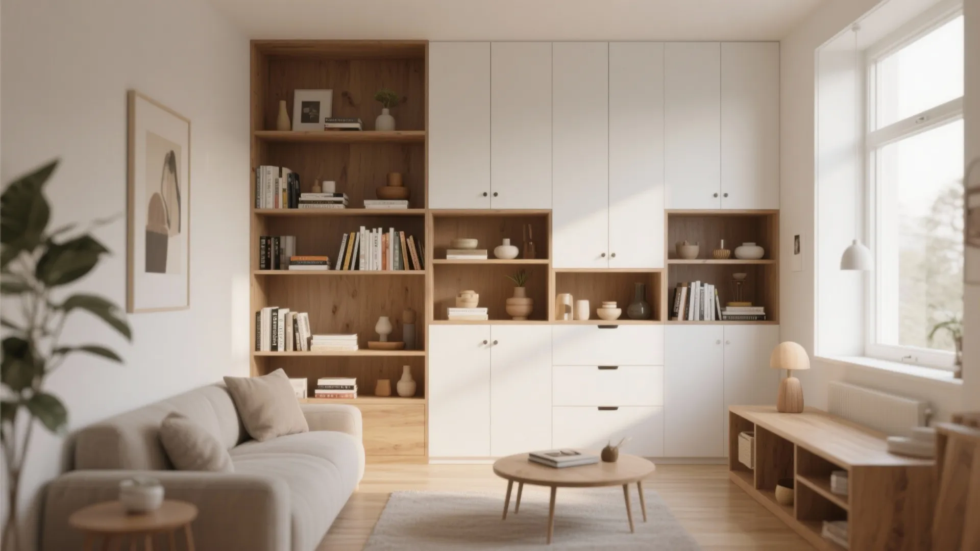 Living room featuring large wall unit with wooden open shelves white closed doors sofa and table