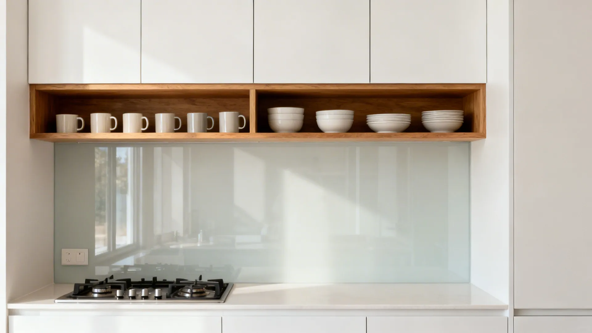 Hybrid storage with open oak shelves and closed matte white uppers in a small kitchen.