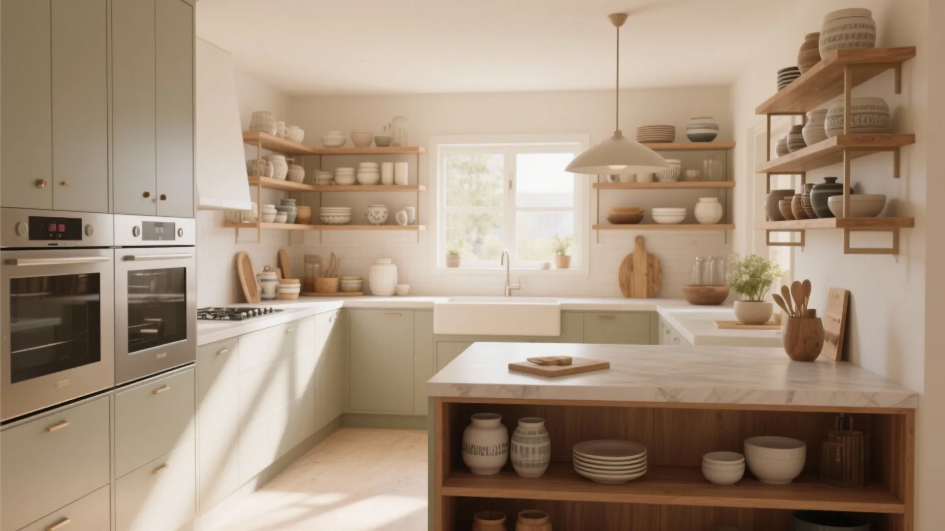 Kitchen with open shelves for ceramics and closed cabinets