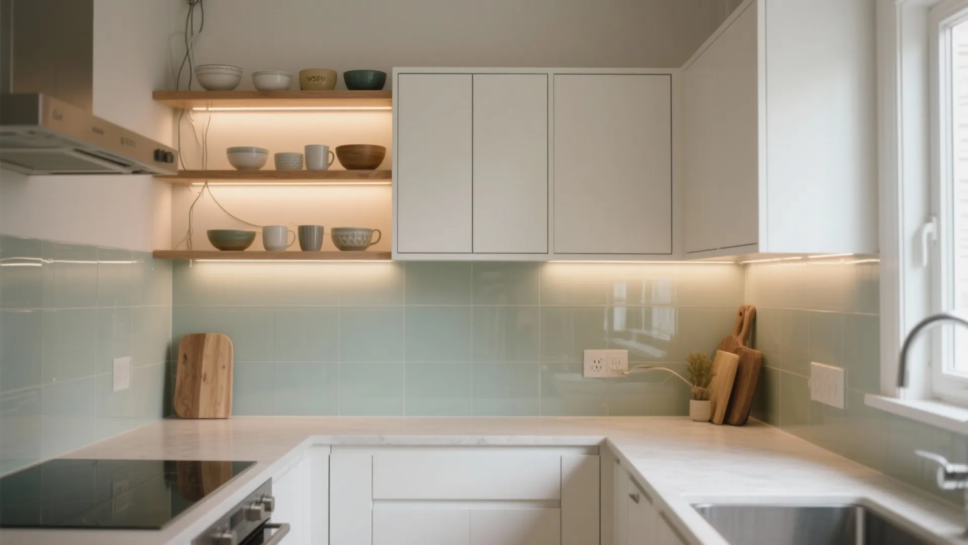 Modern kitchen with white cabinets open wooden shelves with lights and light green tile backsplash