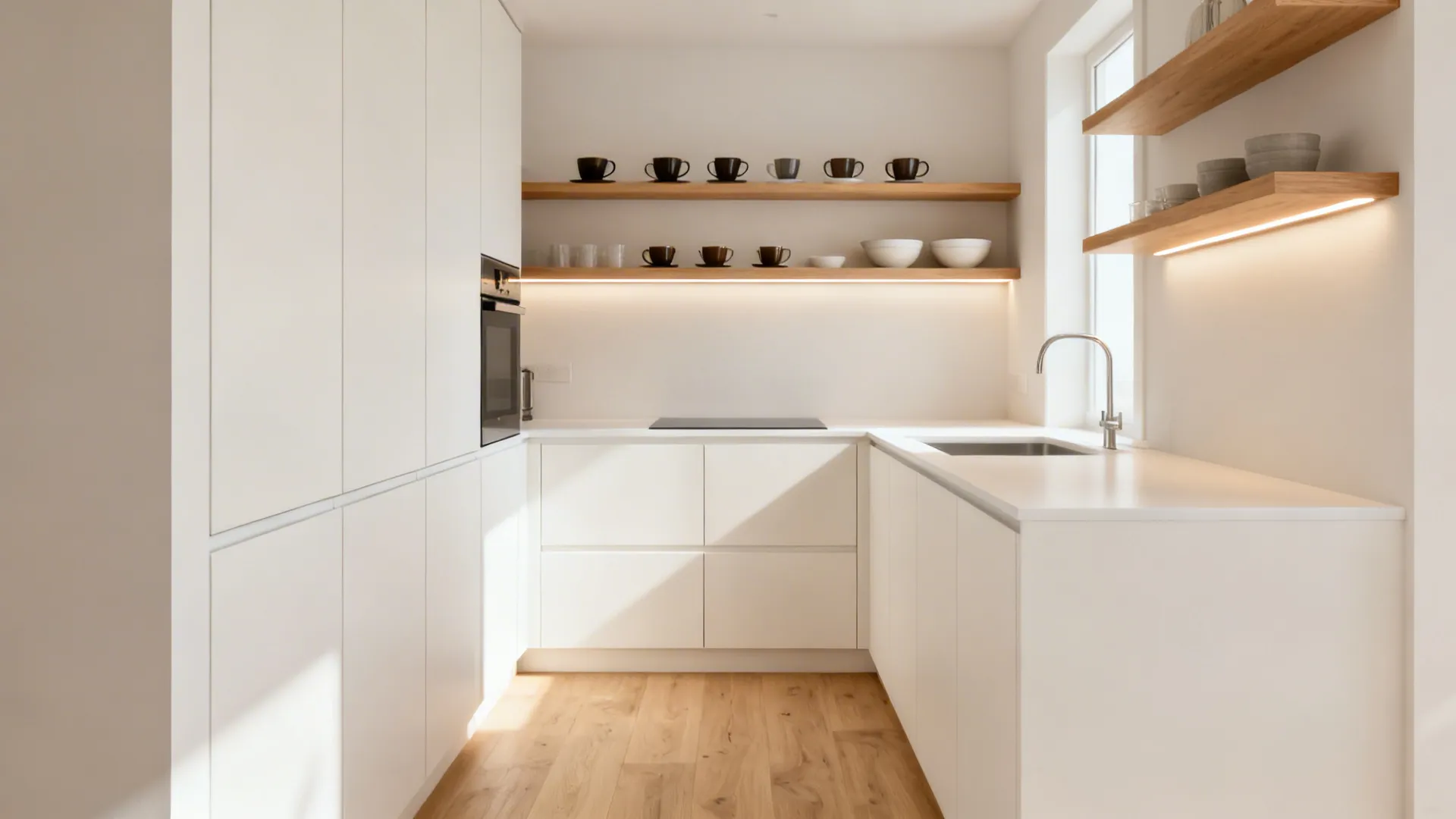 L-shaped kitchen with oak floating shelves and closed flat-front cabinets, lit by under-shelf LEDs.