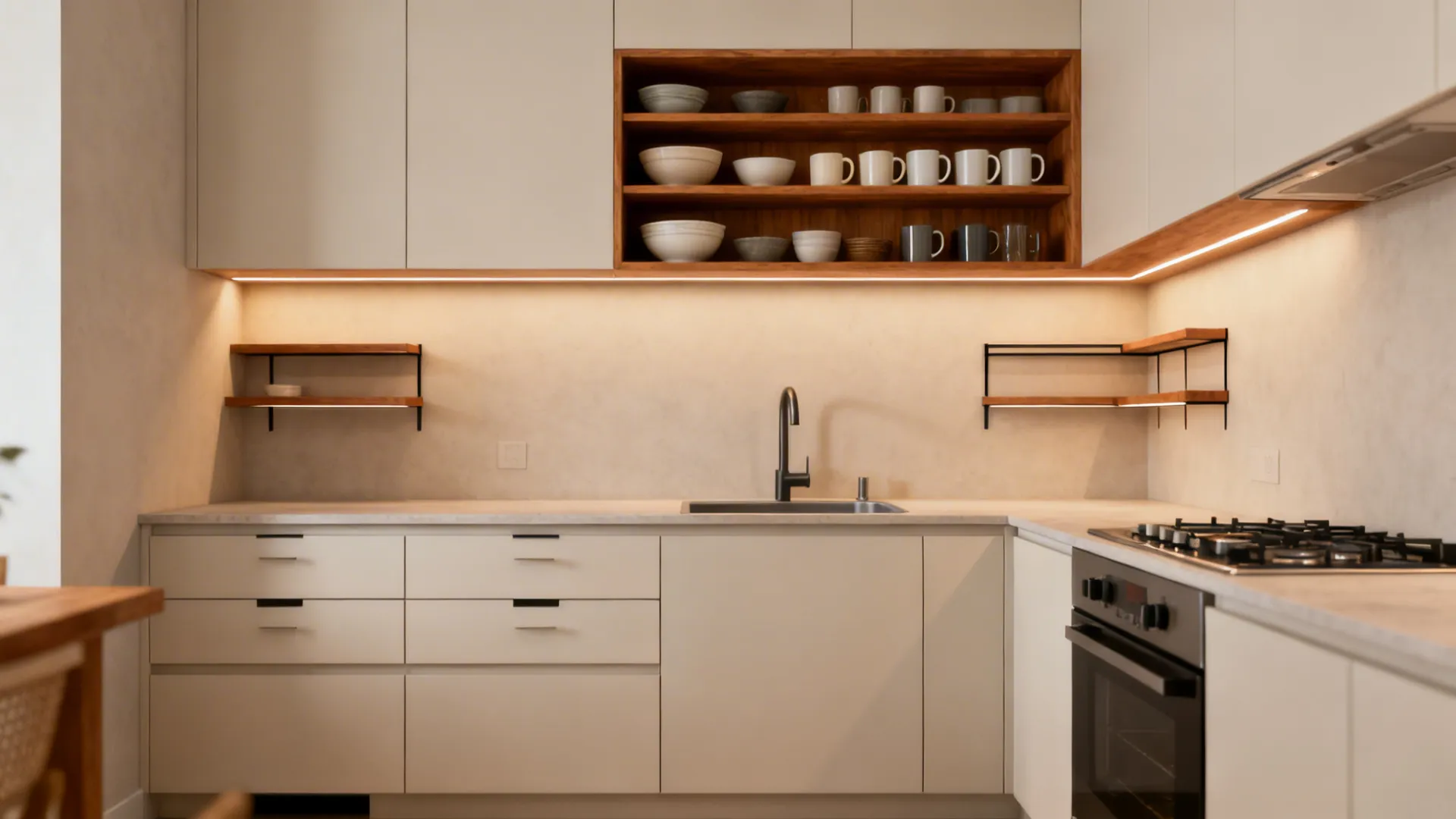 Small kitchen with open upper shelves for daily items and closed lower cabinets for bulk storage.