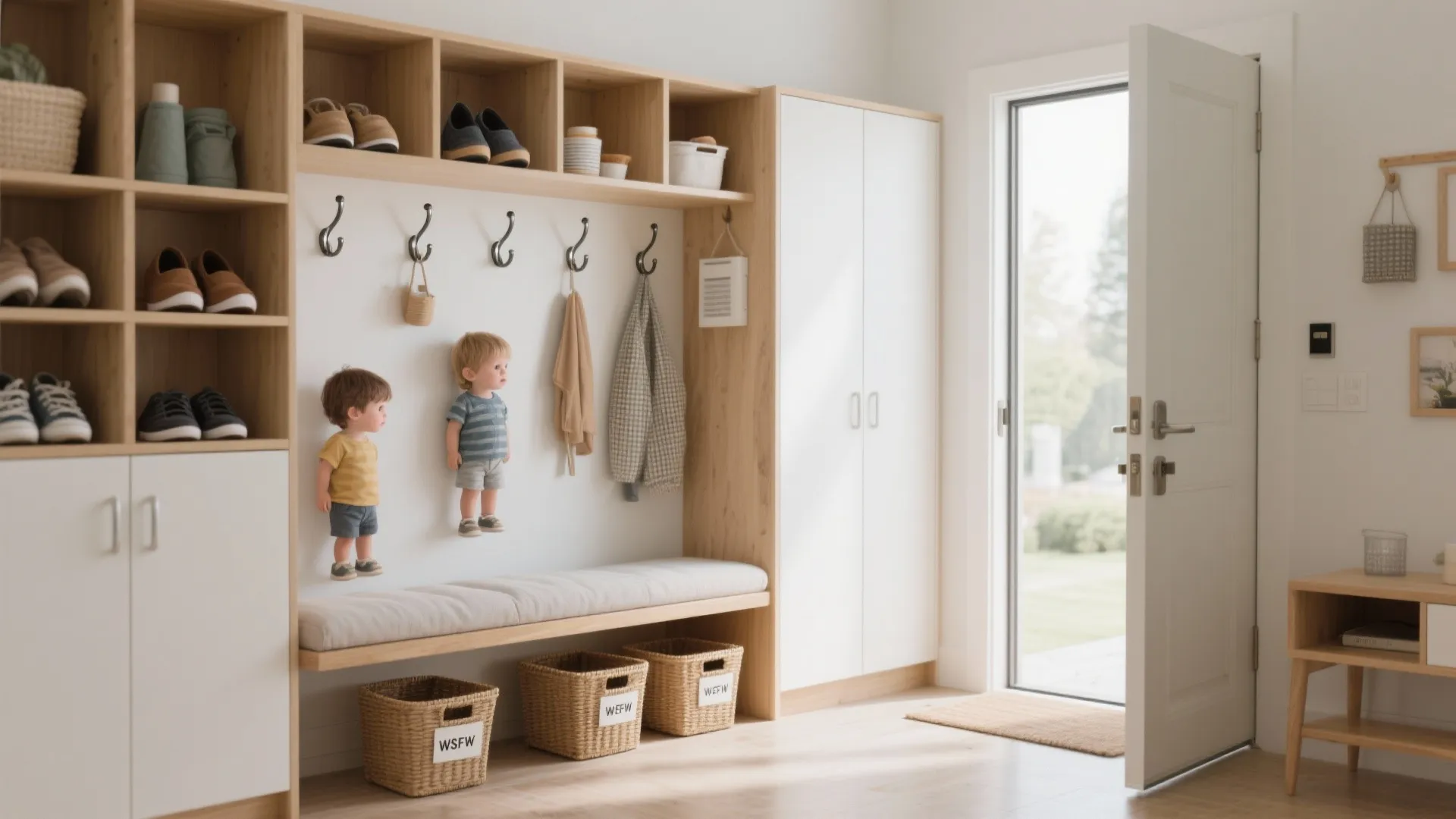 2) Open-and-Closed Mix: Cubbies, Hooks, and a Concealed Core