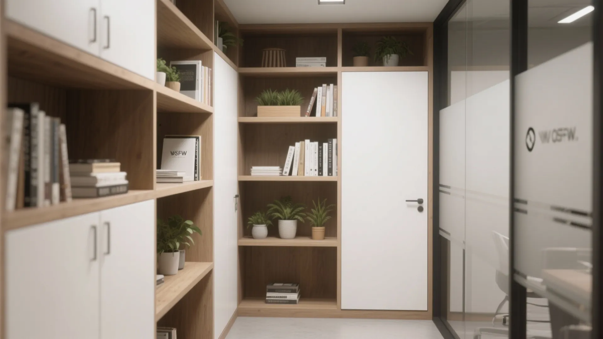 Shelving with alternating open display bays and closed cabinets combining wood and matte white fronts