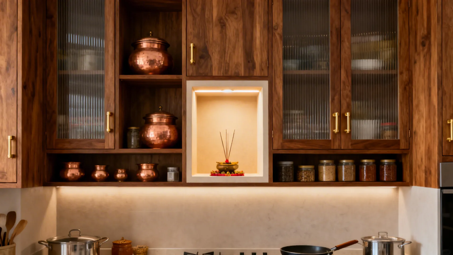 Compact kitchen wall with open shelves, reeded glass cabinets, and a softly lit pooja niche.