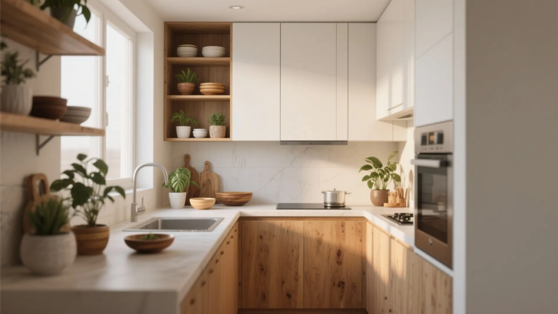 Modern kitchen with white upper cabinets wooden lower cabinets marble countertop and green potted plants indoors