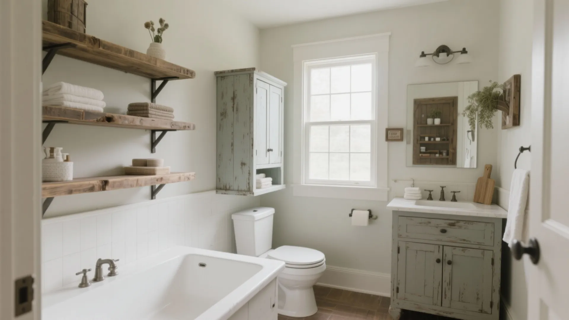 Light green bathroom with a white bathtub toilet rustic wooden shelves and a blue cabinet