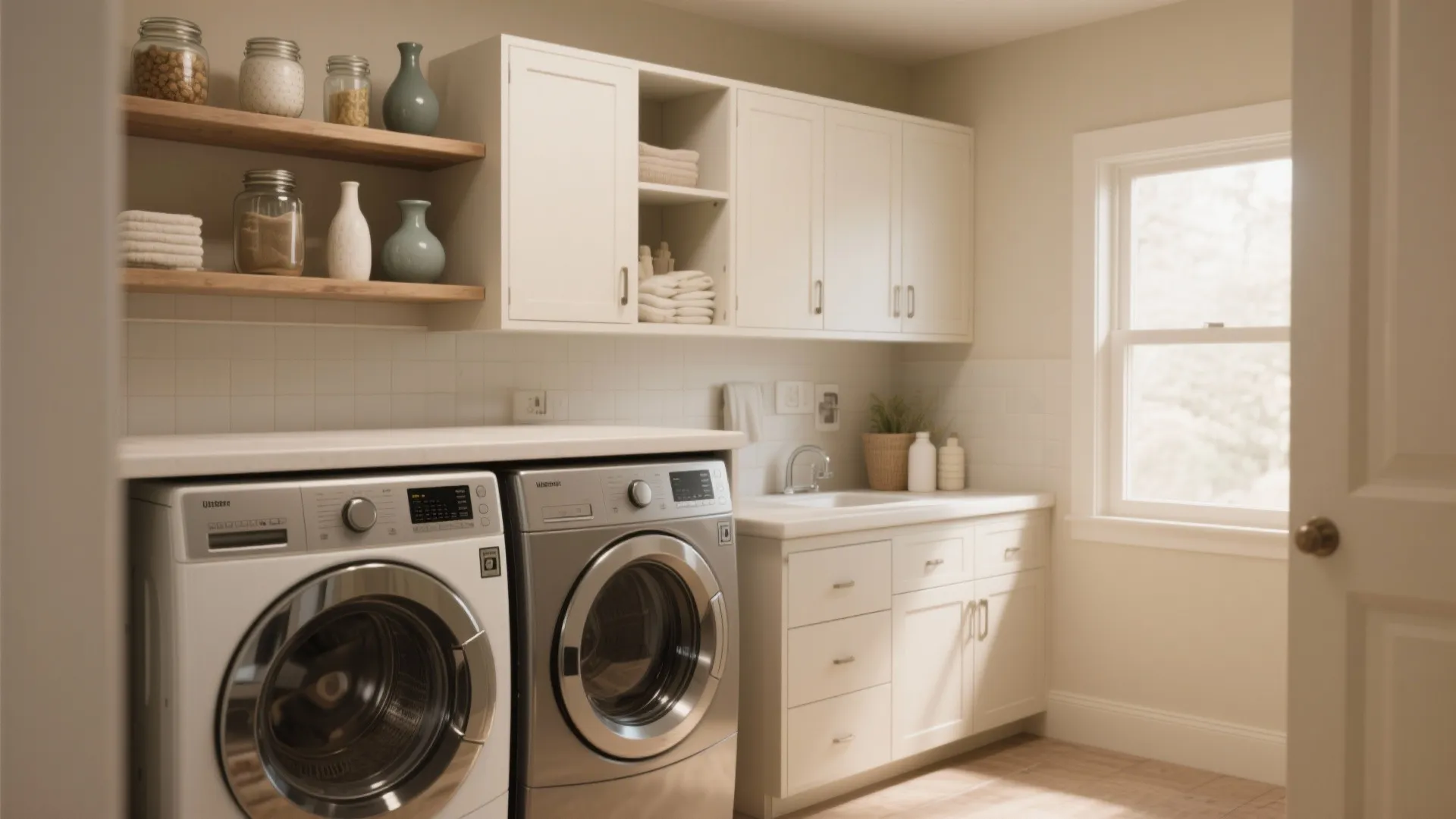 Functional laundry room with side-by-side washing machines white wall cabinets and wooden open storage shelves