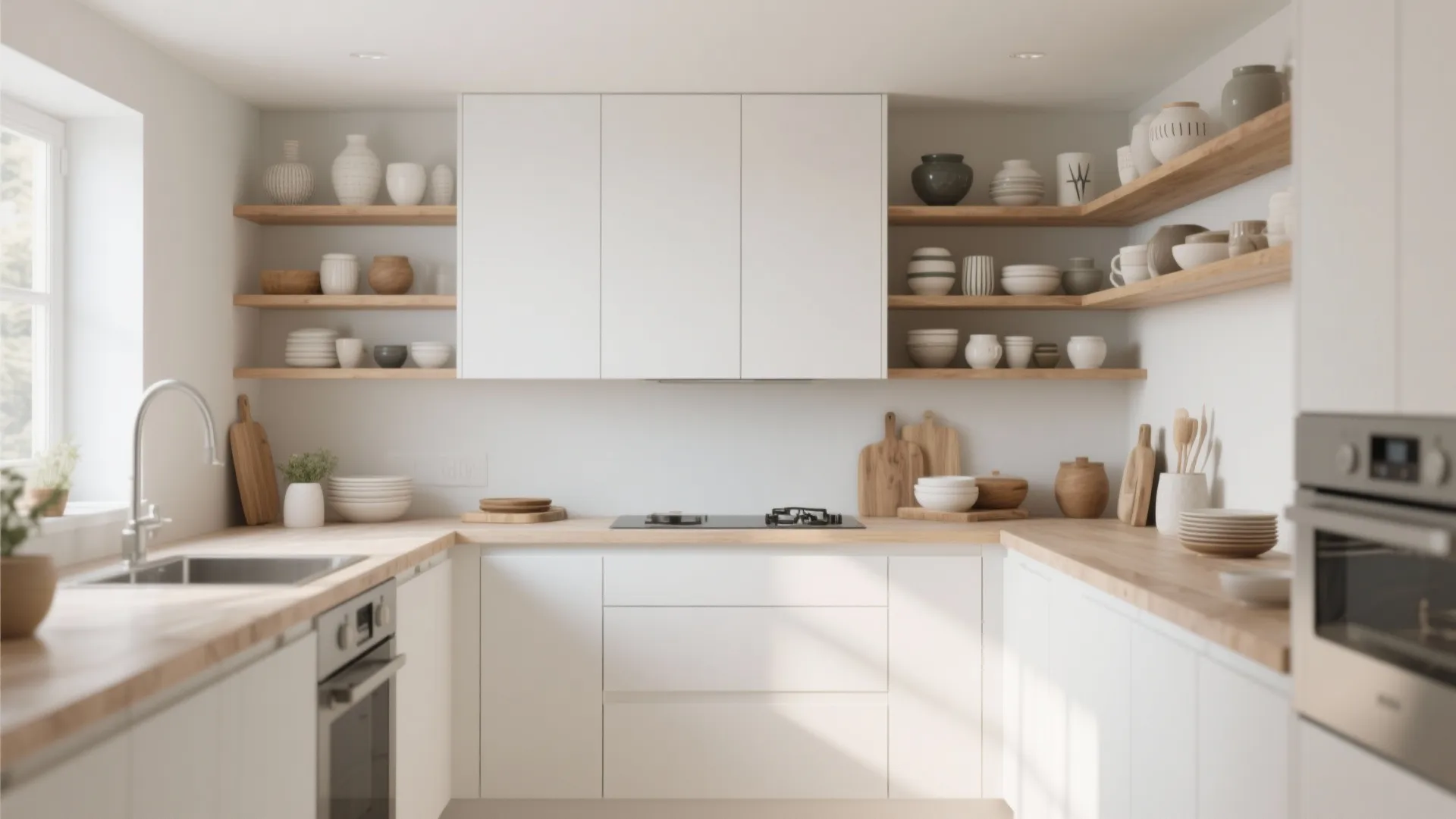 Modern white kitchen with wooden countertops and open shelving filled with various ceramic plates and bowls