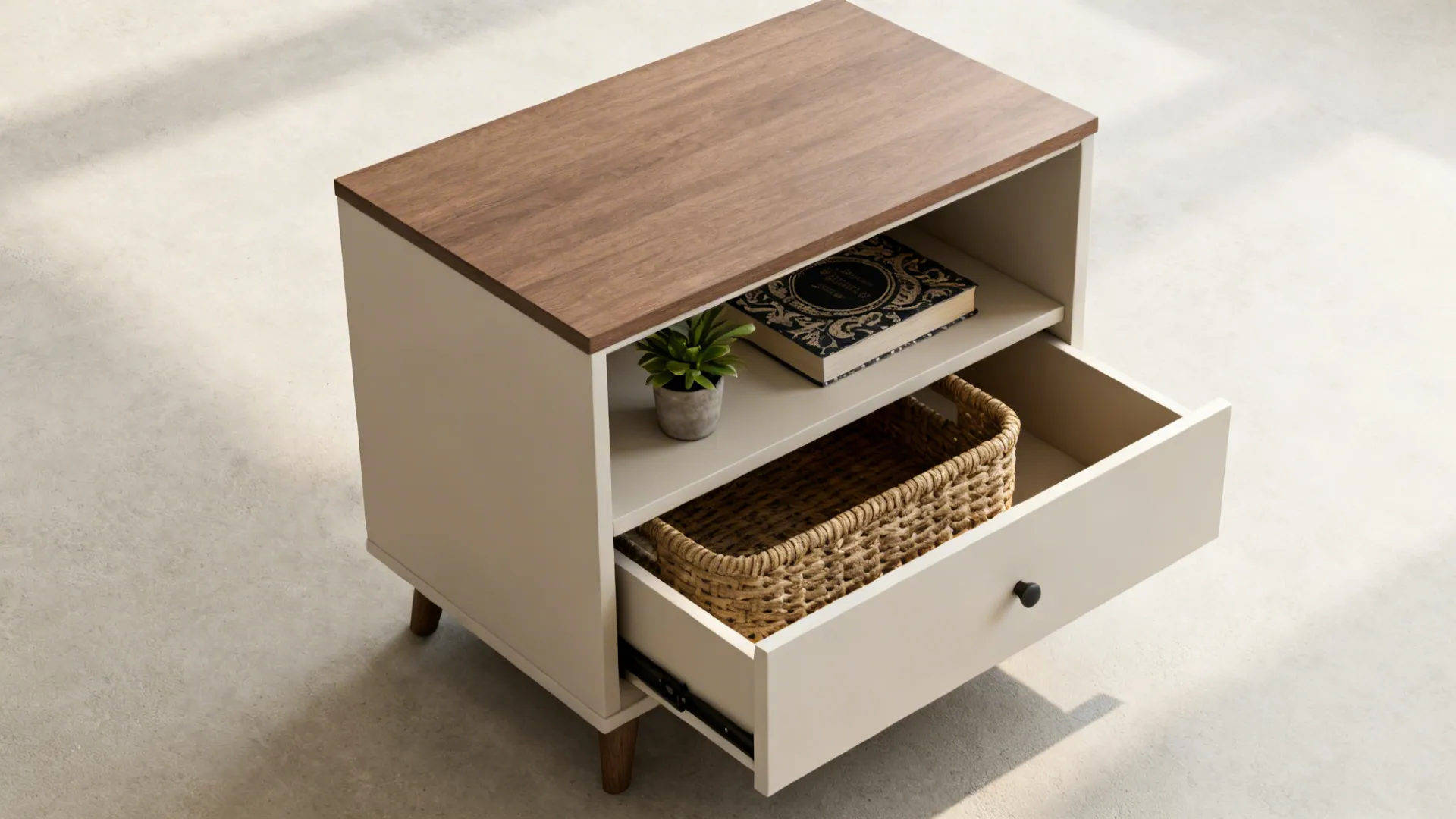 Side table with an open shelf displaying a plant and books and a closed drawer for hidden storage.