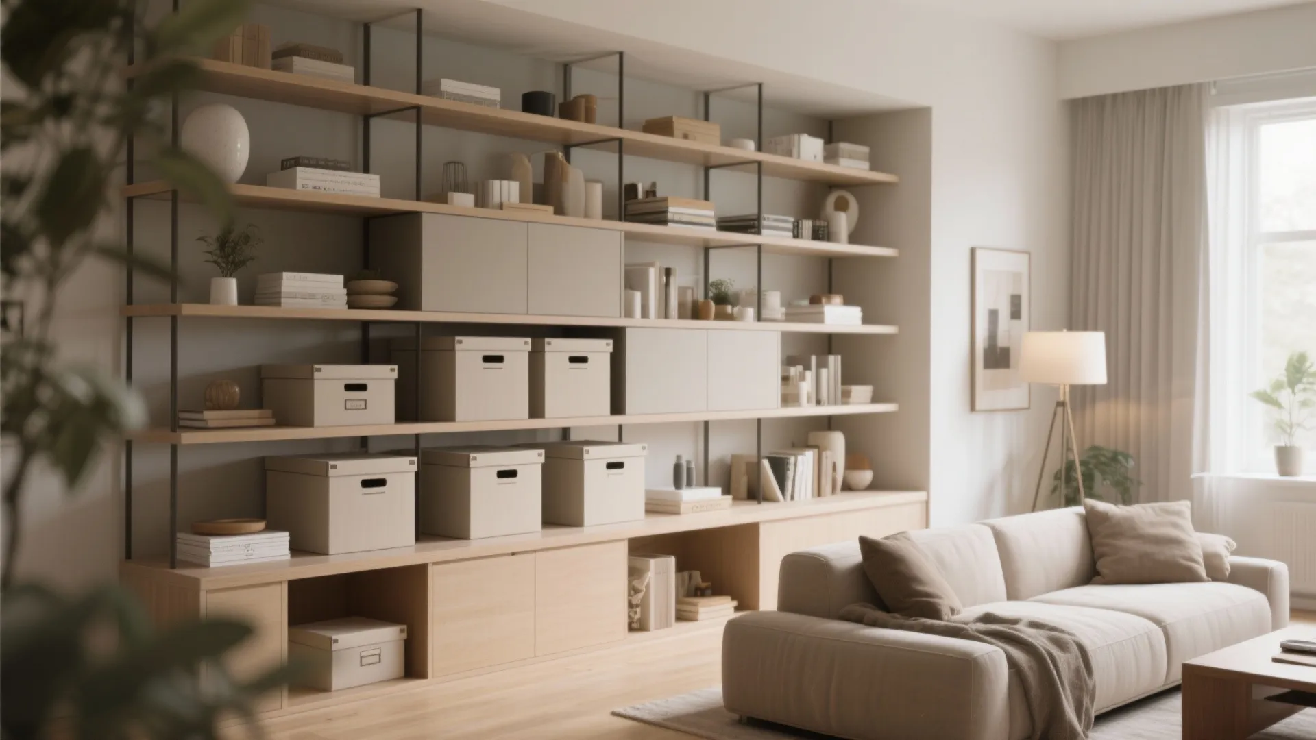 Modern living room with large wooden wall shelves holding storage boxes books and floor lamp