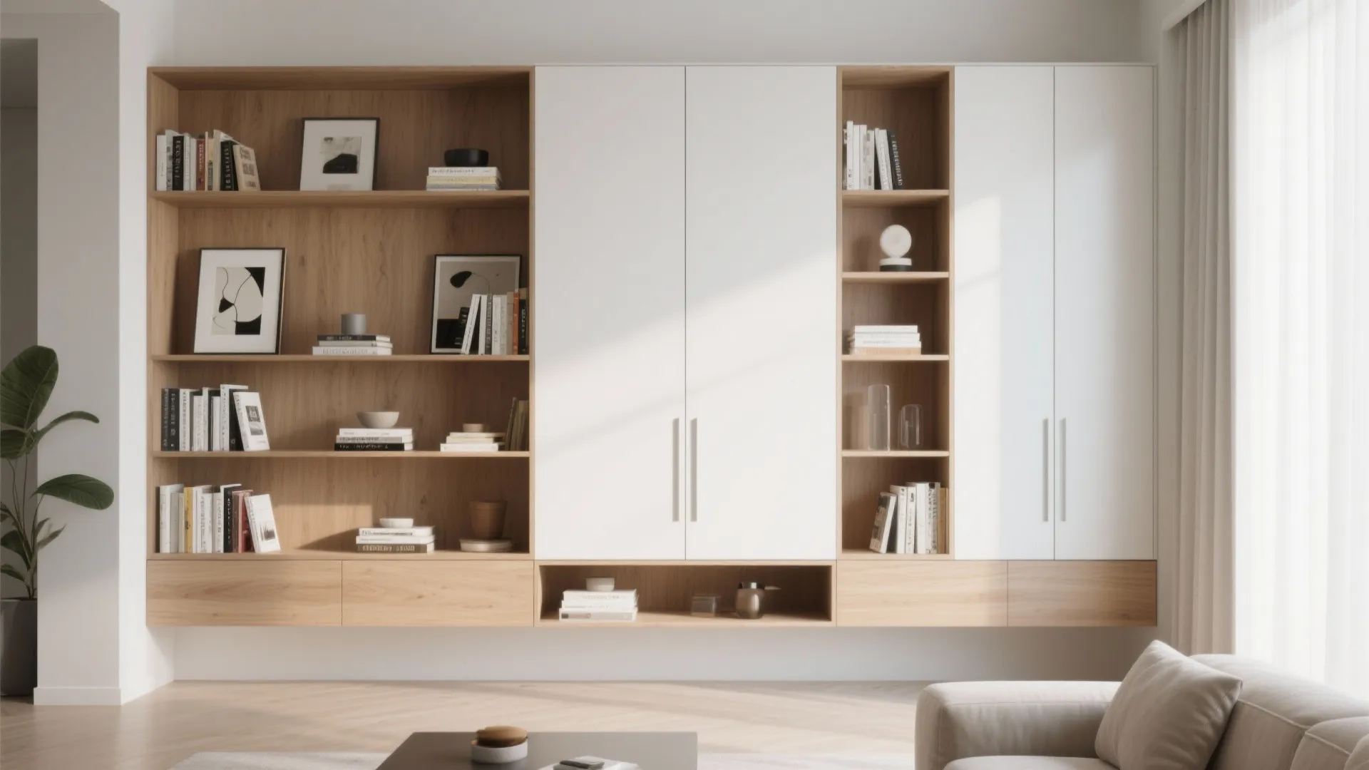 Modern living room storage mixing open shelving and closed cabinets