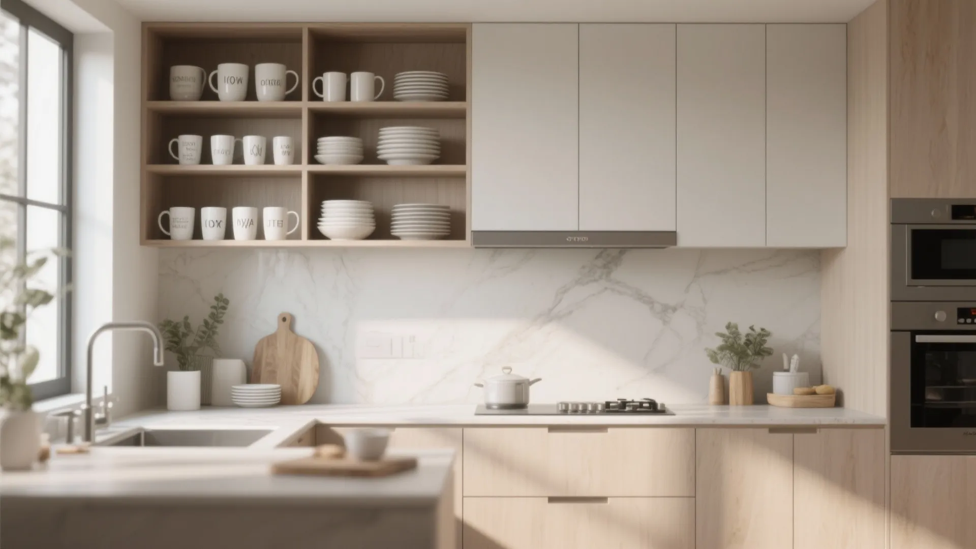 Modern kitchen with light wood open shelves and white cabinets for storing white cups and plates