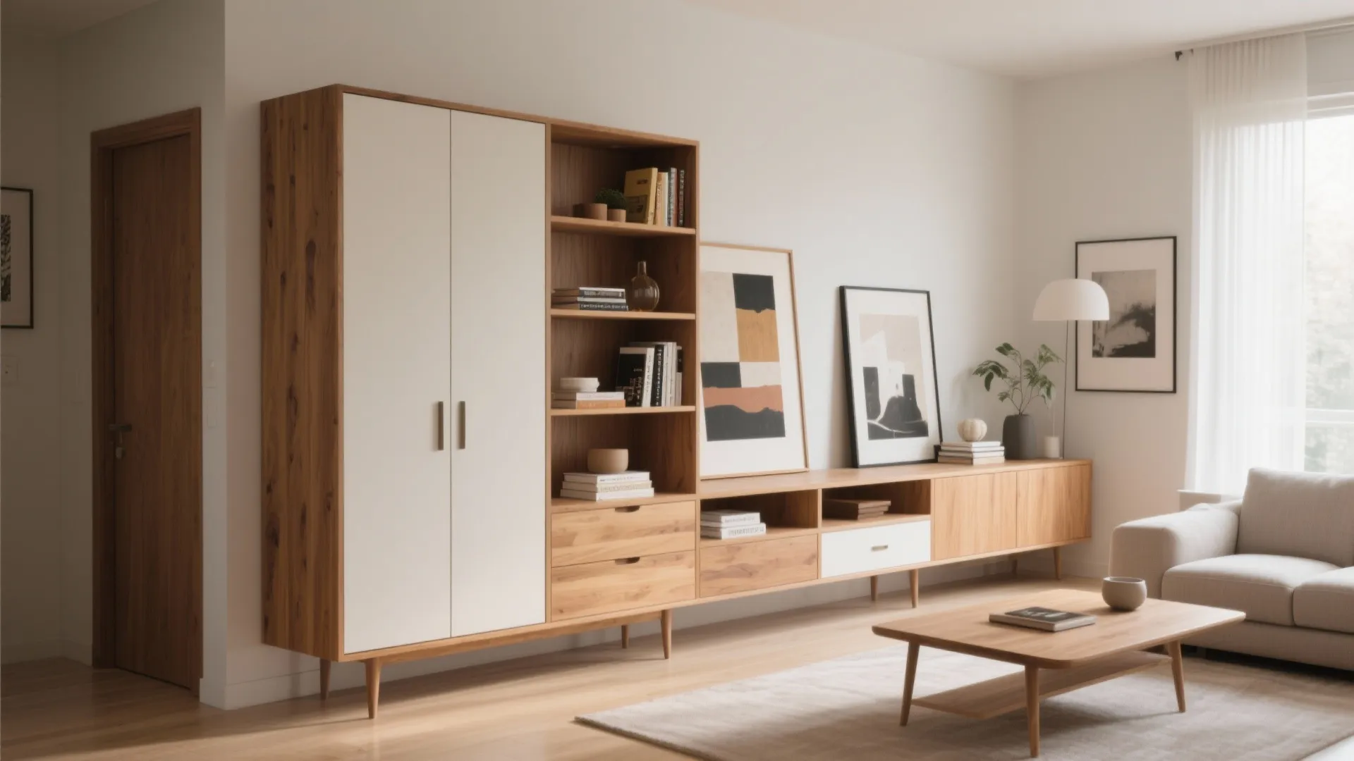 Balanced open and closed shelving in a living room