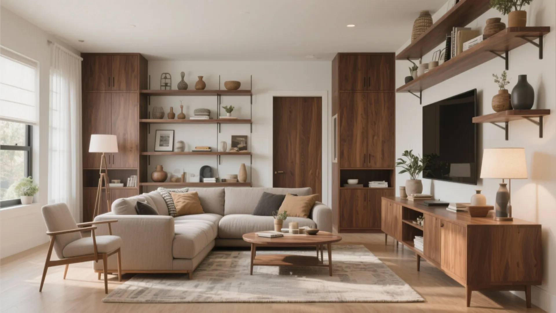 Modern living room featuring grey sofa wooden cabinets wall shelves round coffee table and lamp