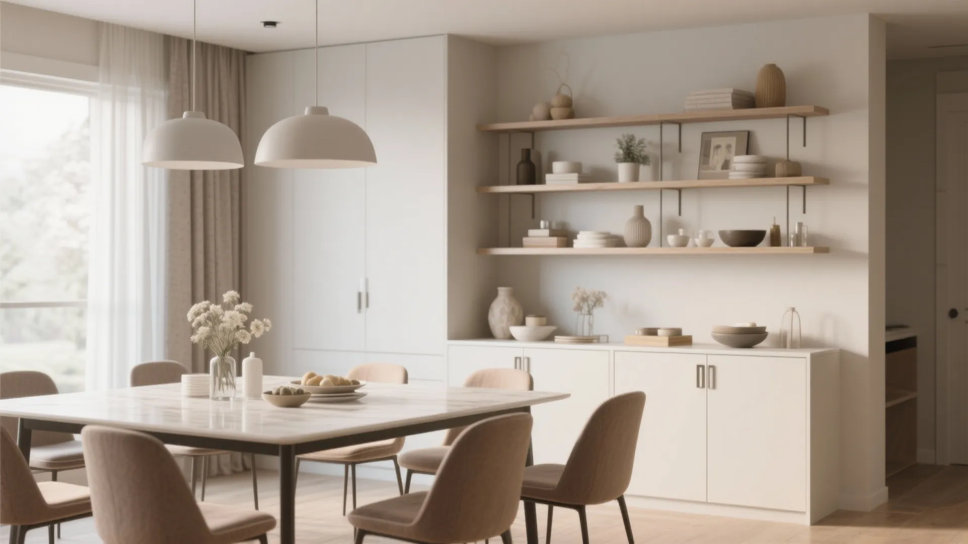 Dining room interior featuring a marble table with brown chairs and white storage wall cabinet