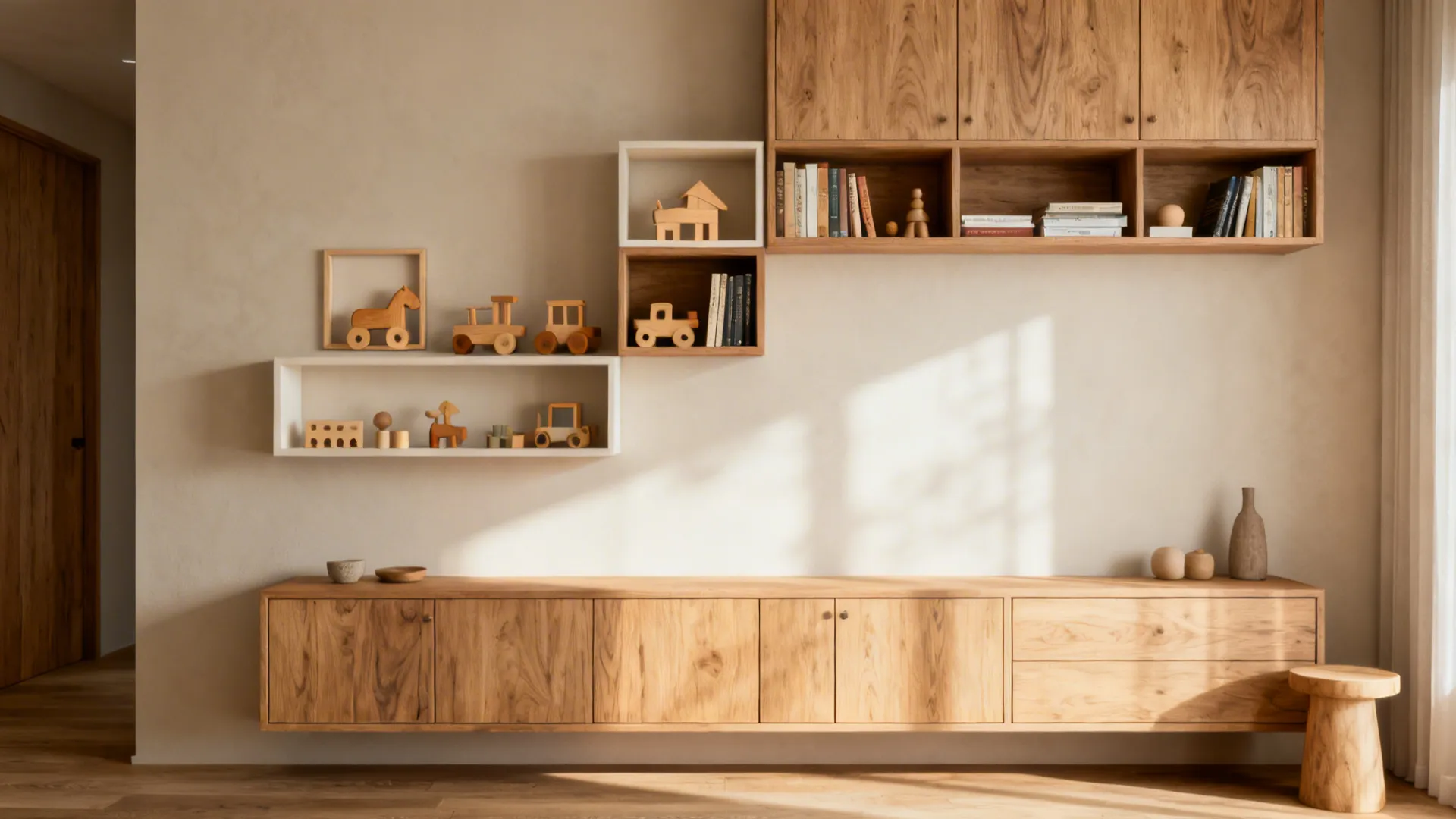 Wooden wall cabinet and low cabinet with toys and books in a bright natural room