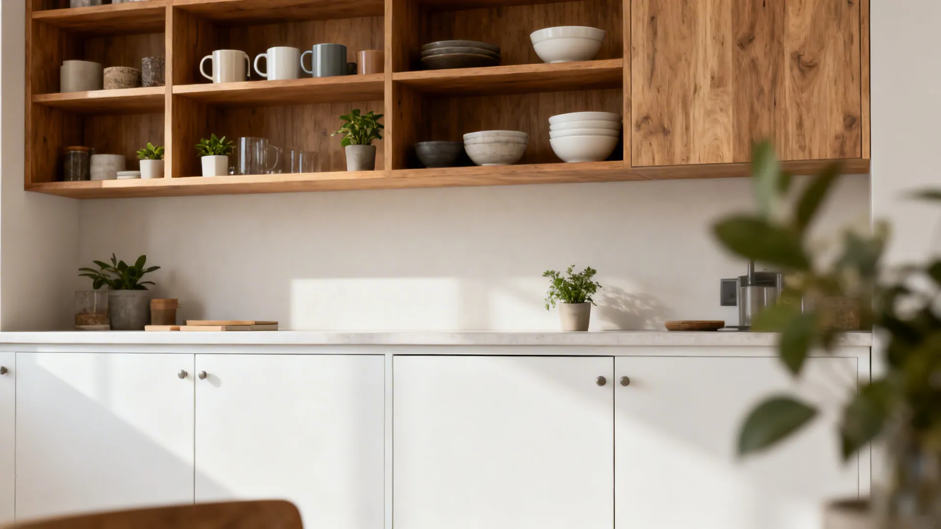 Kitchen with mixed open wood shelves and closed white base cabinets styled with everyday items.