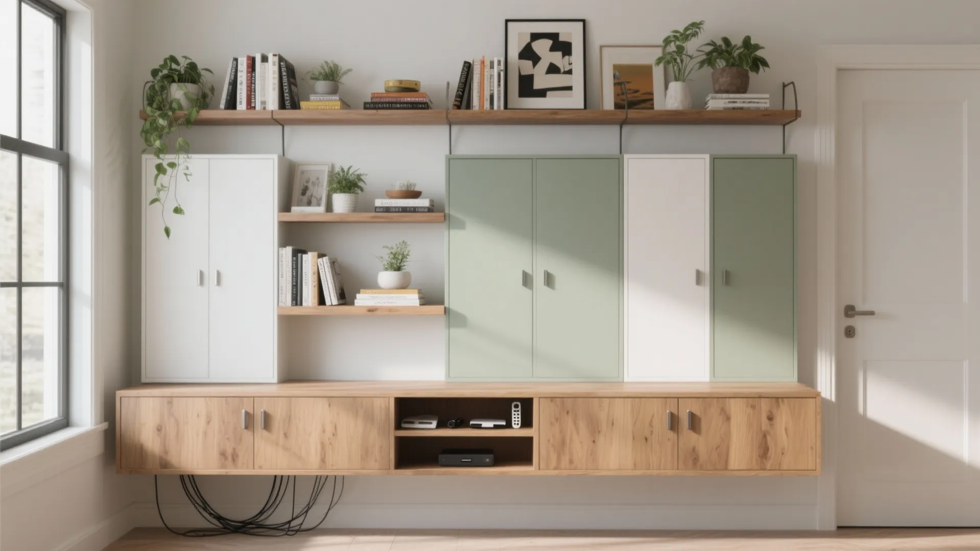 Wall mounted storage system with green and white cabinets wooden shelves books and small potted plants