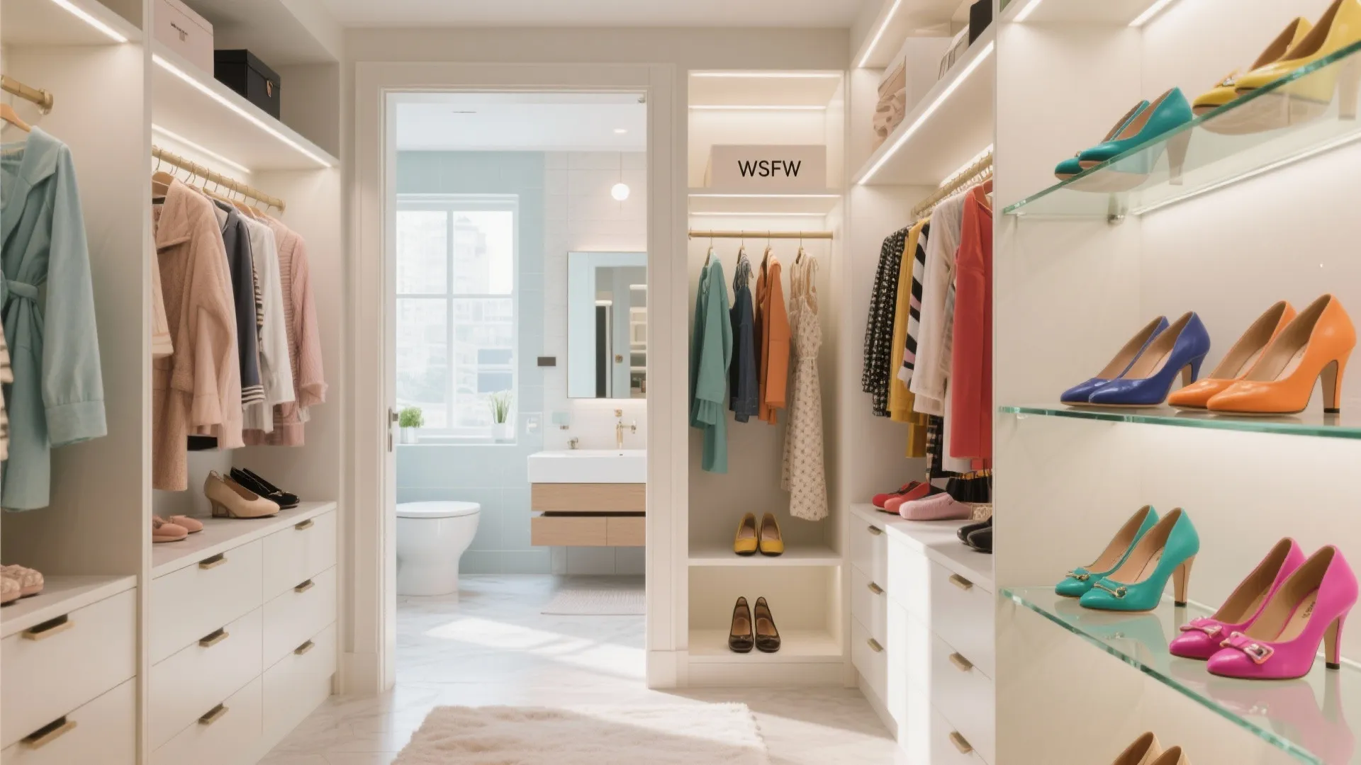 Large white walk-in closet with colorful shoes and clothes leading into a bright clean bathroom