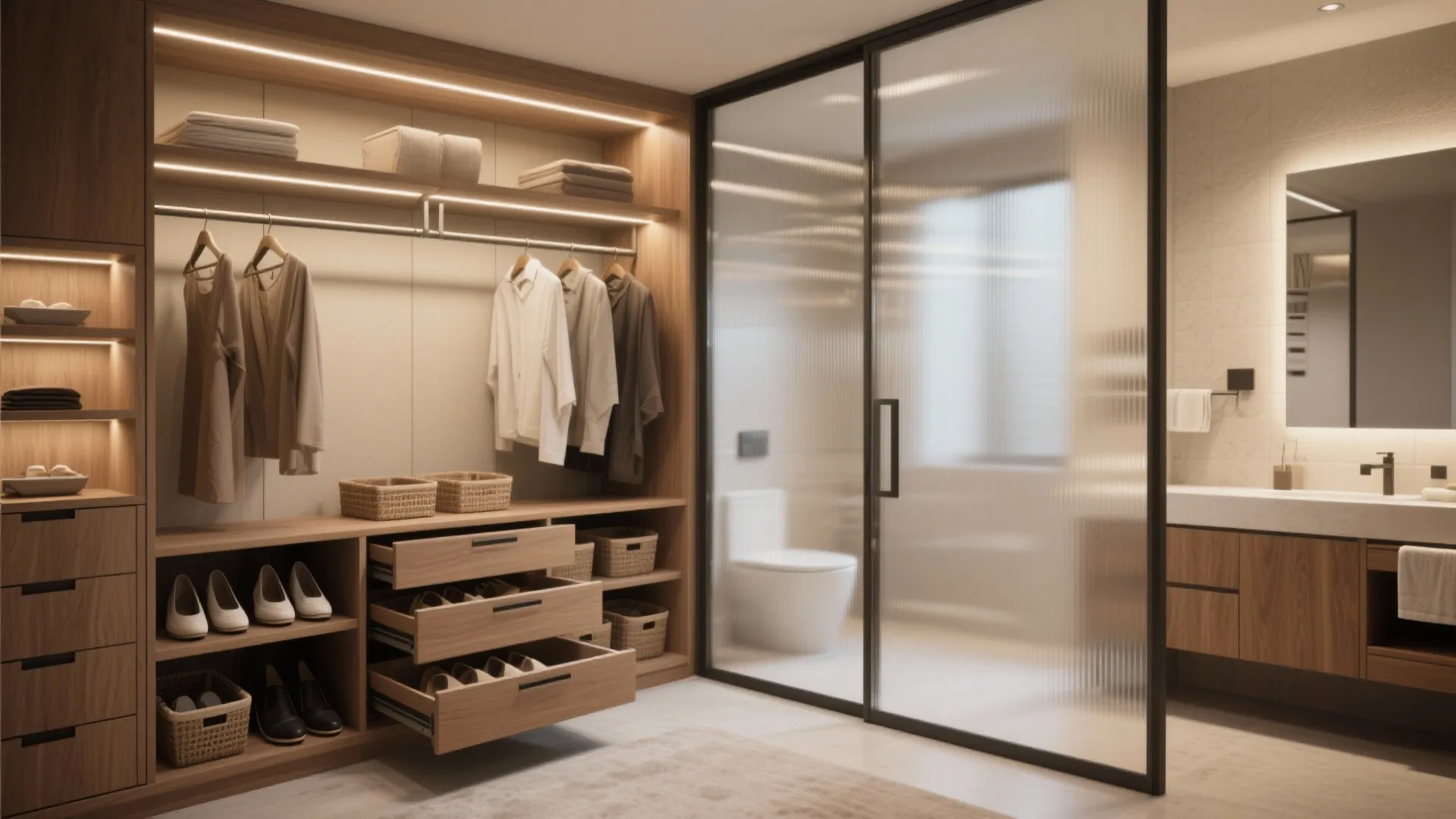 Semi-open walk-in closet with layered storage integrated with a bathroom via frosted sliding glass