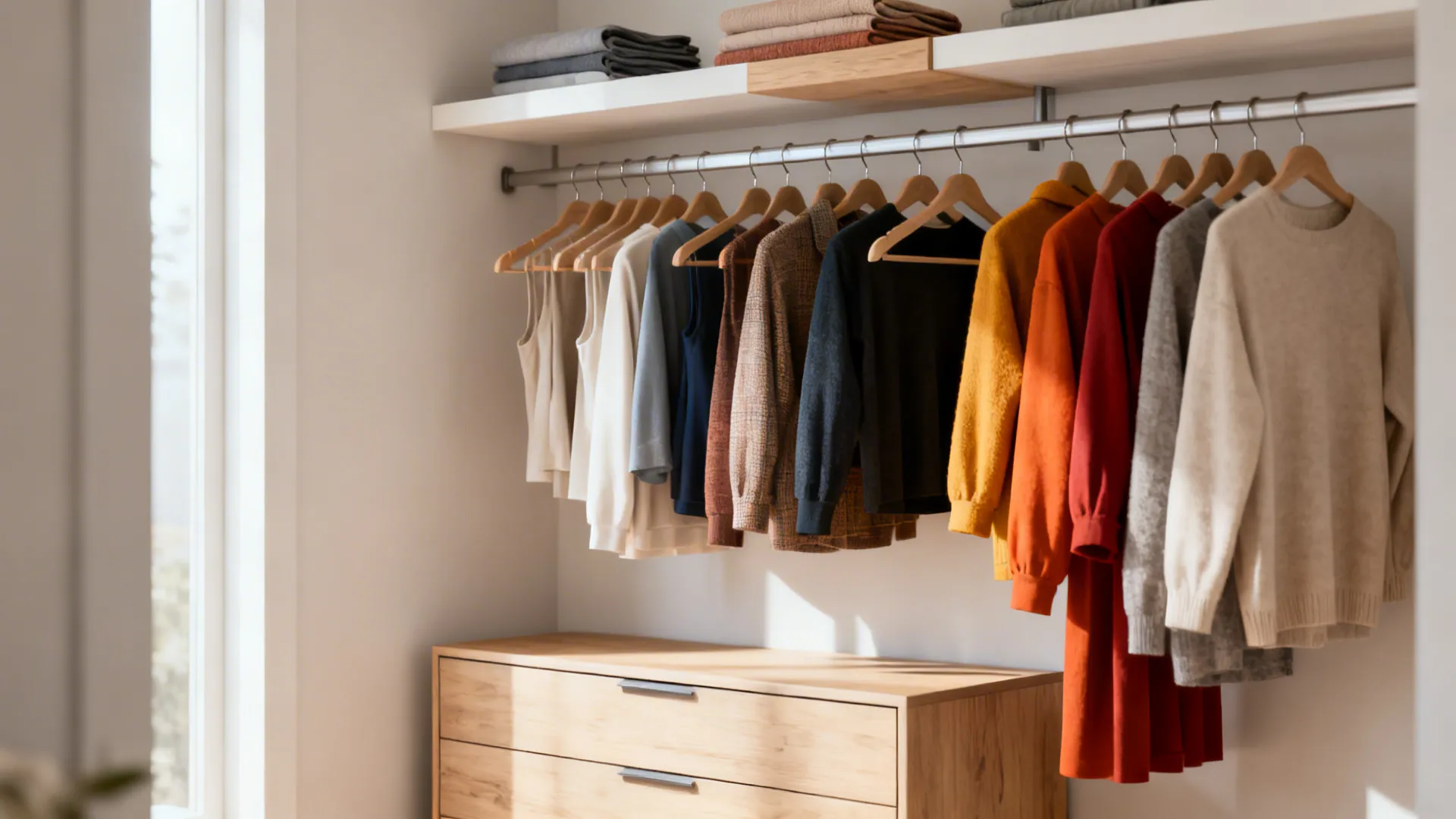 Open clothing rail with curated garments, slim dresser and floating shelves above.