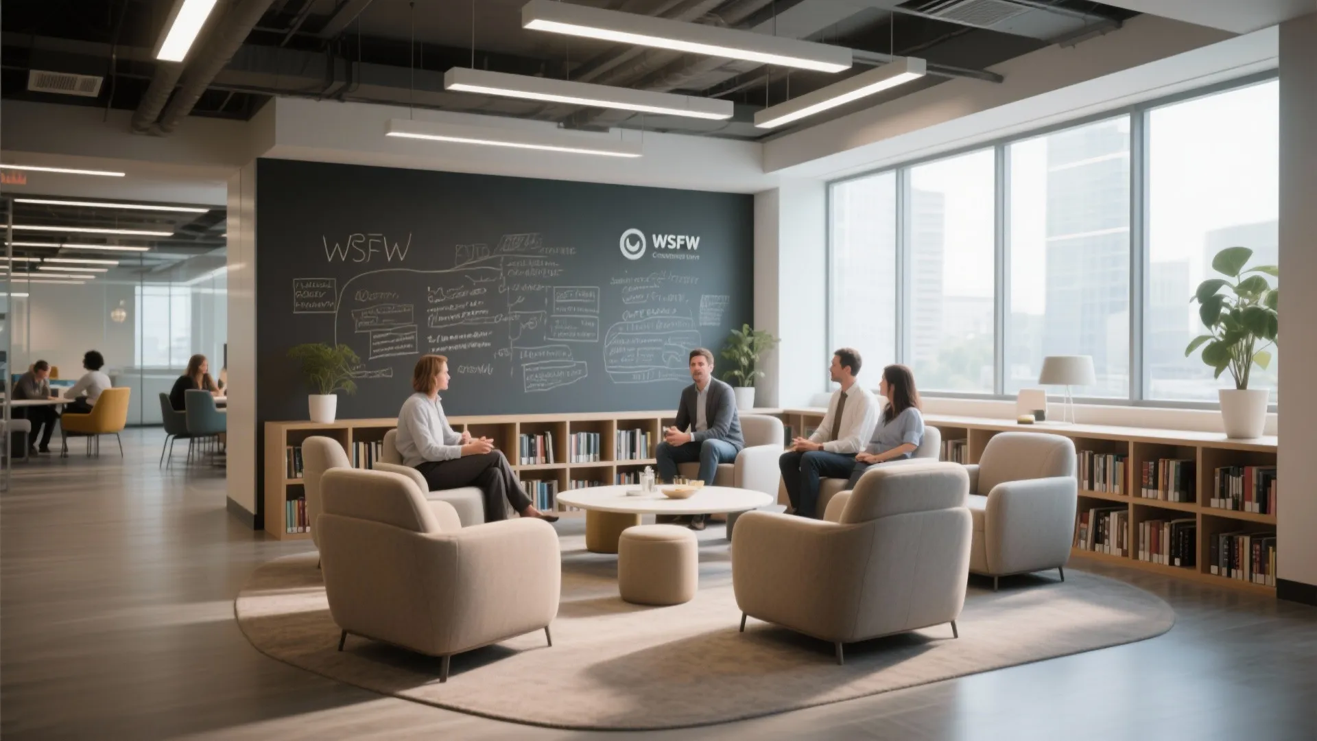 Corporate library corner with soft seating, low shelves, and writable walls