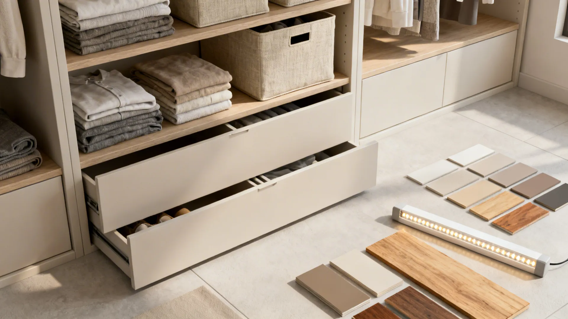 Open shelving with fabric bins and concealed drawers beside material samples and LED strip lighting