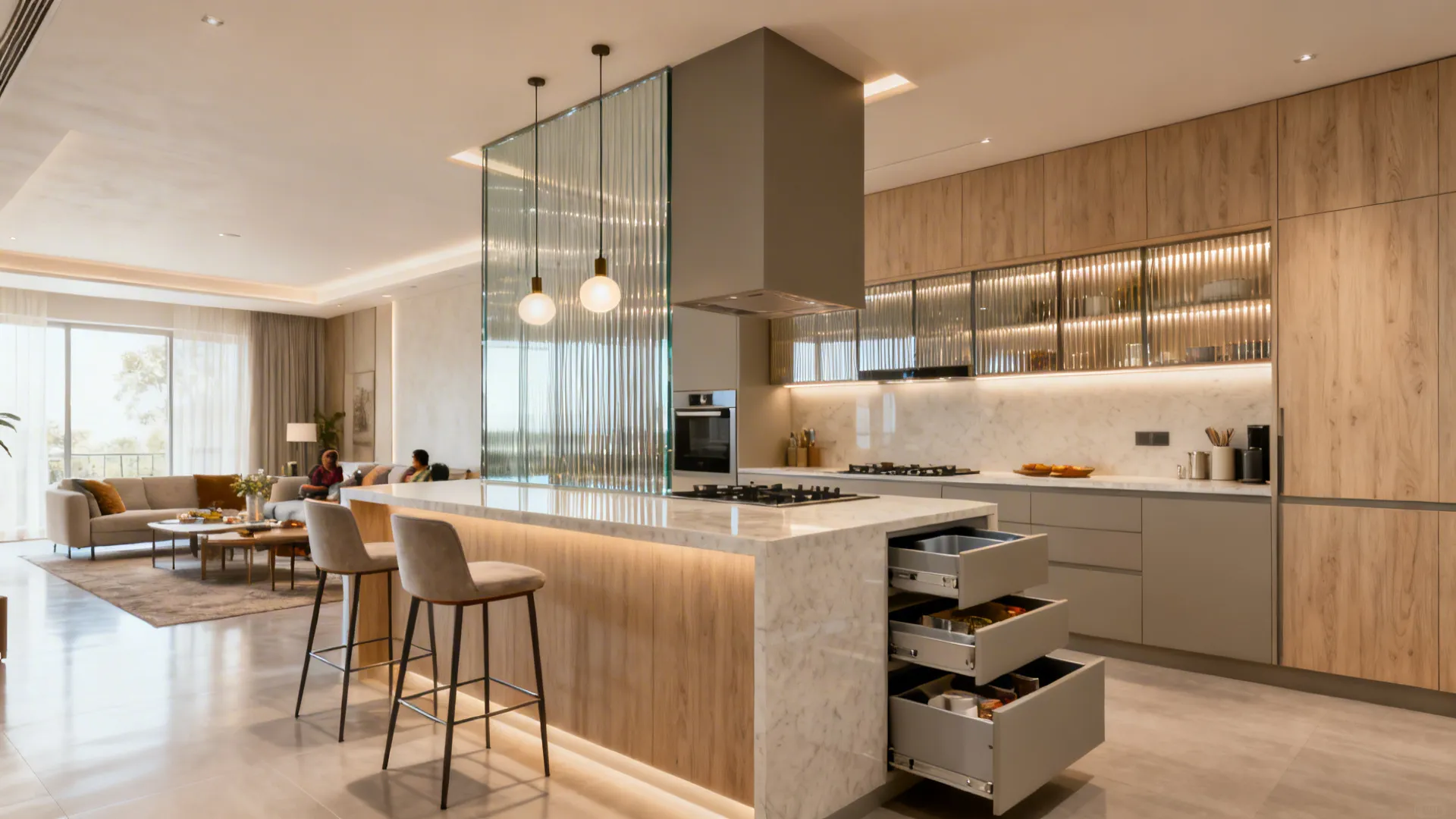 Open kitchen with a peninsula, warm tones, and layered lighting flowing into the living area.