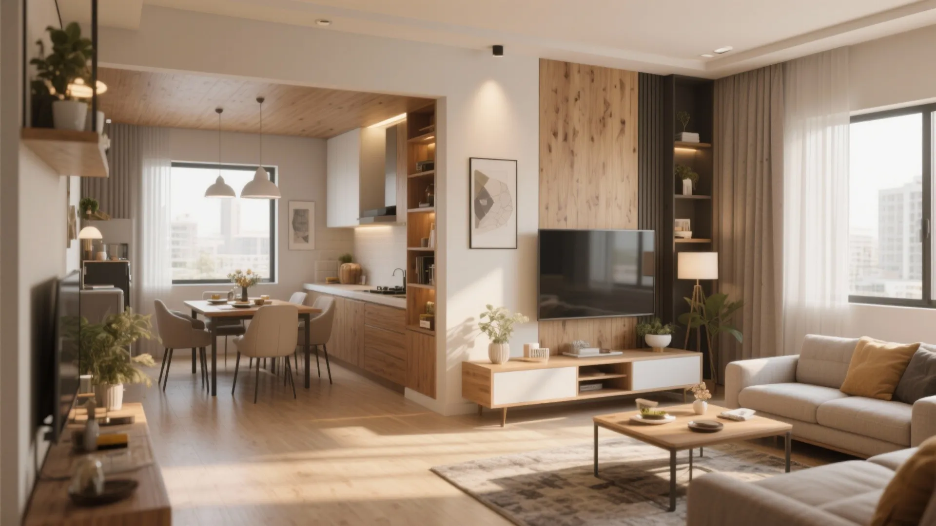 Open plan living room and kitchen design featuring wooden cabinets white sofa and warm sunlight effects