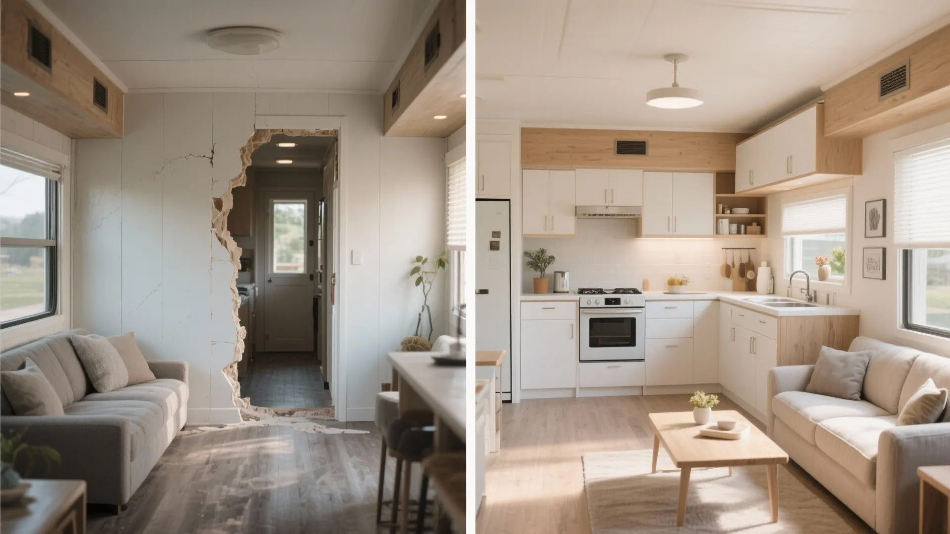 Before and after comparison of a broken interior wall transformed into a clean white kitchen