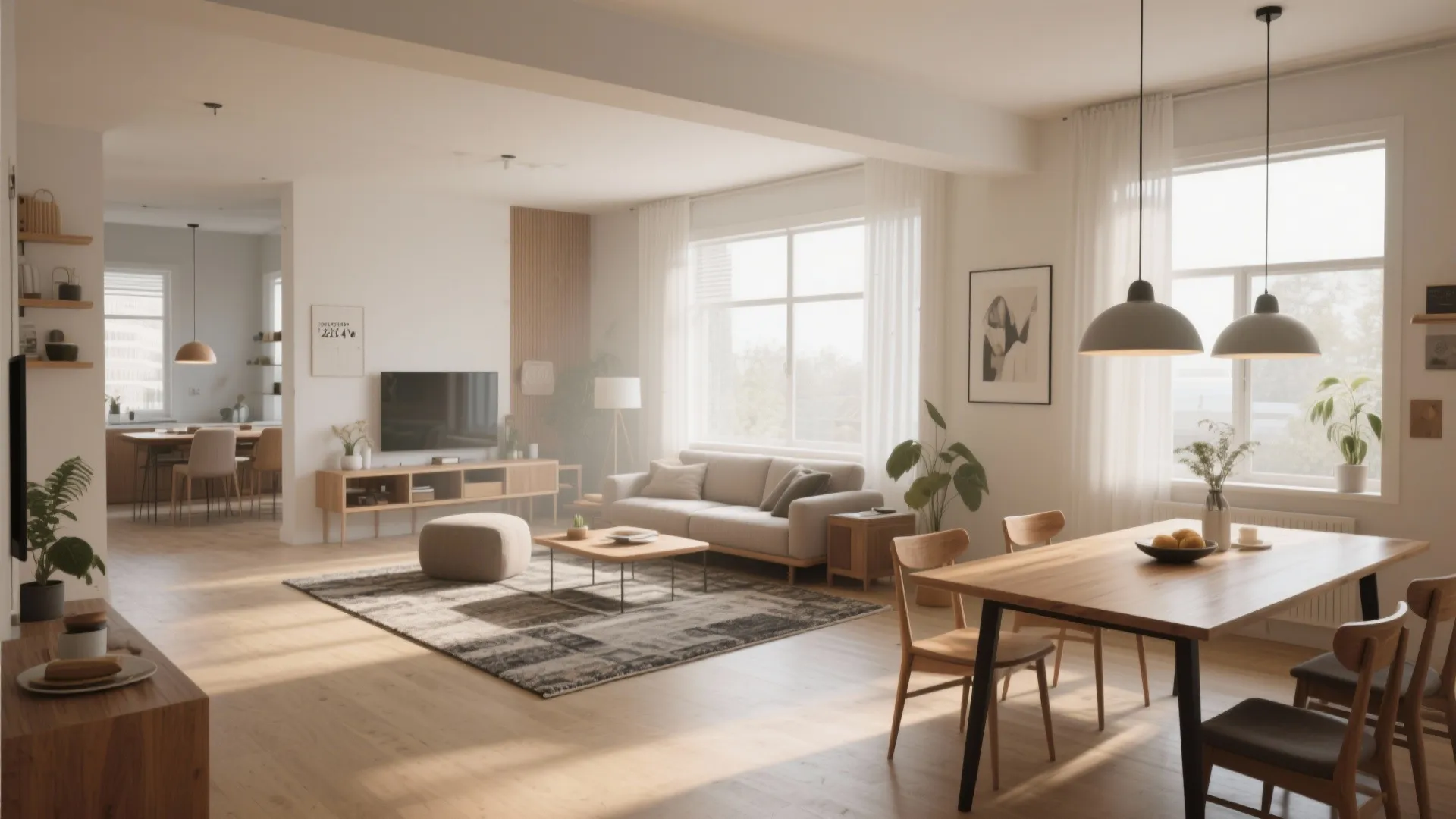 Open concept living area with wooden dining table, gray chairs, sofa, and a television cabinet