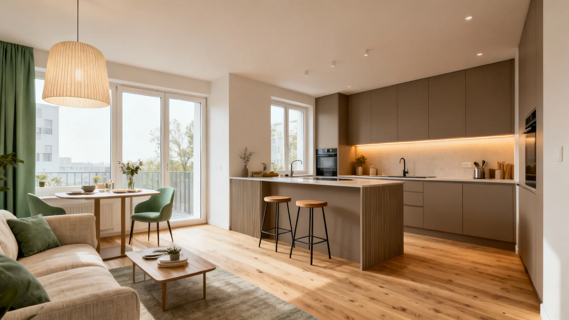 Bright open plan room including sofa coffee table dining area kitchen island and wood floor