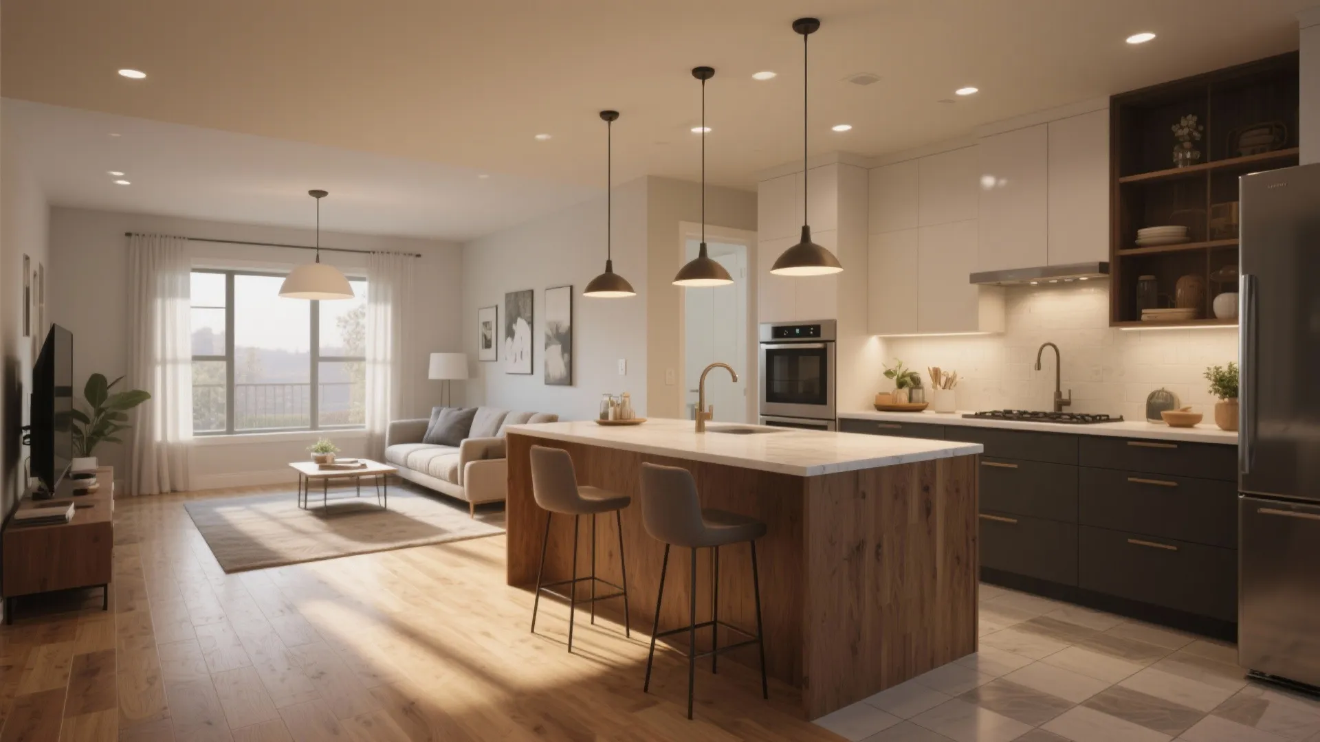 Open concept kitchen with defined zones and warm lighting