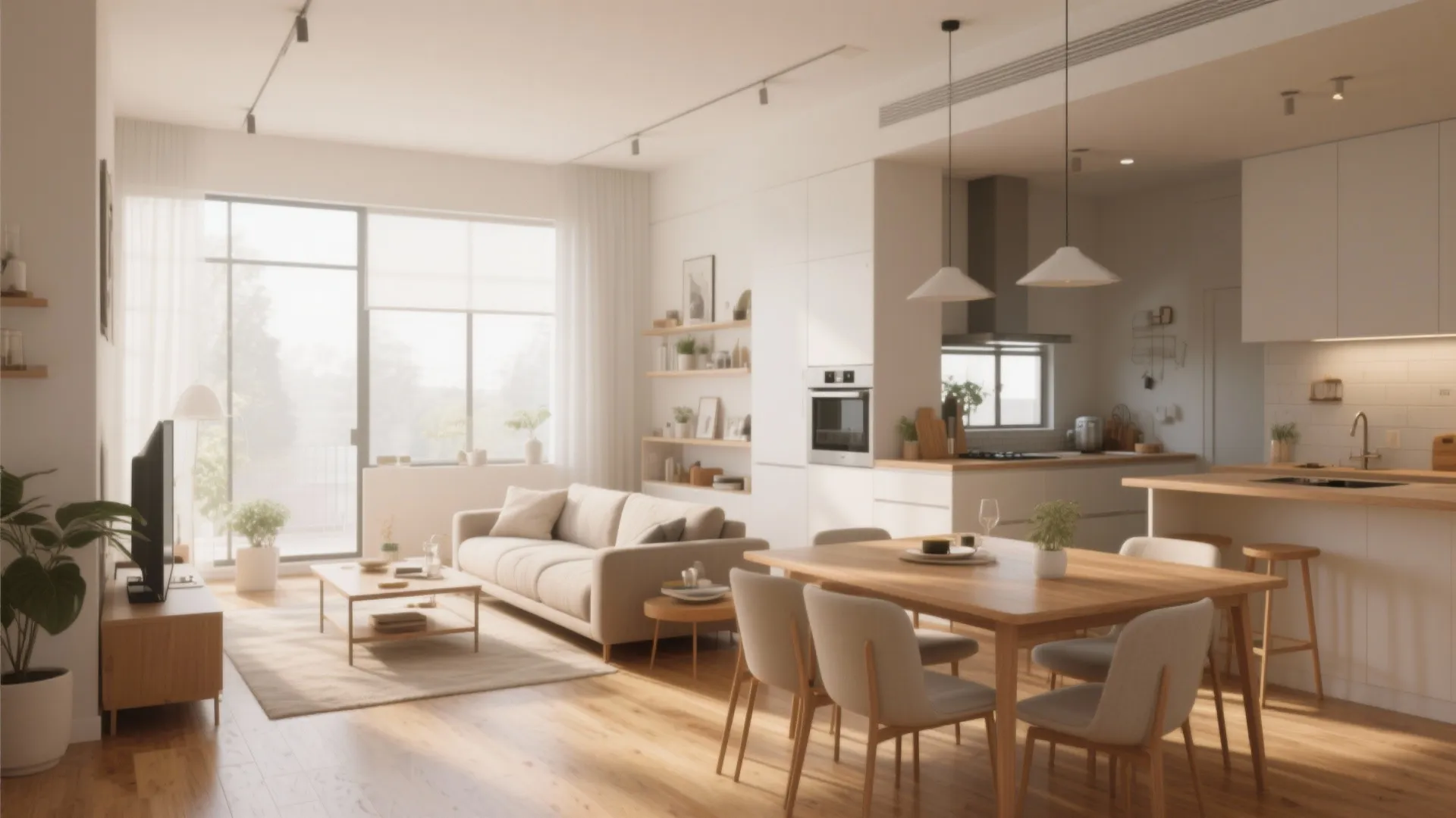 Open-concept living room and kitchen with warm natural light