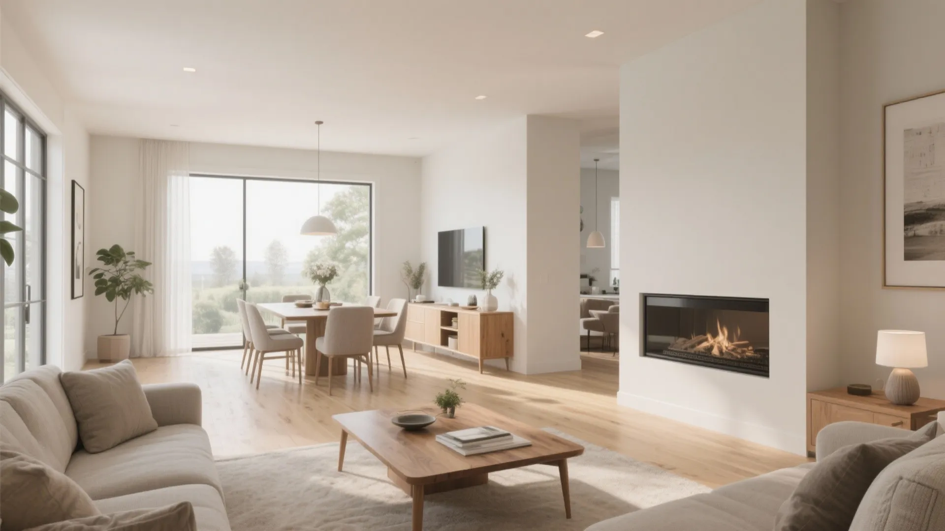 Modern open plan living room with cream sofa wooden coffee table fireplace and dining area set