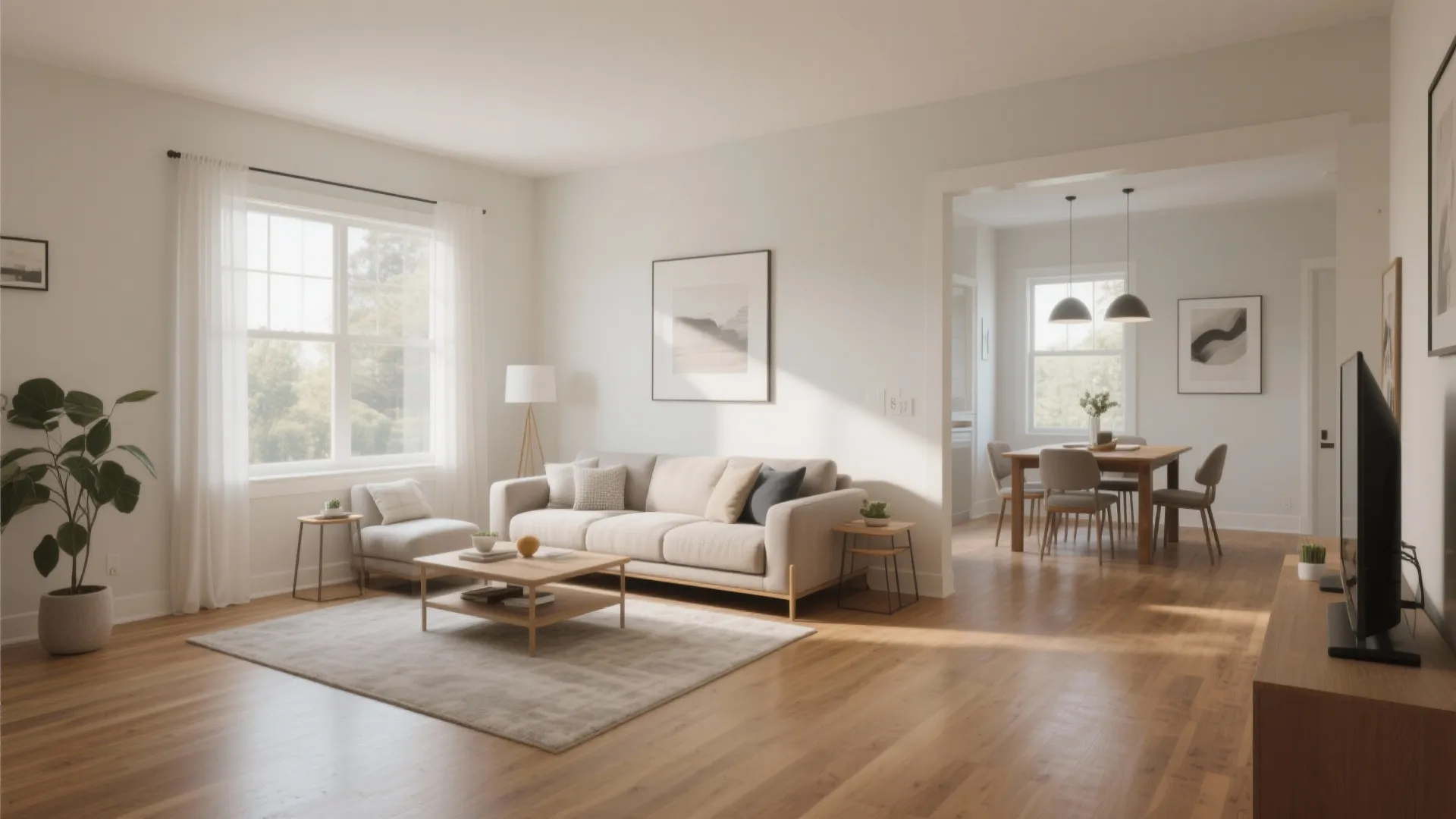 Modern open plan living room with beige sofa wooden coffee table and dining area chairs