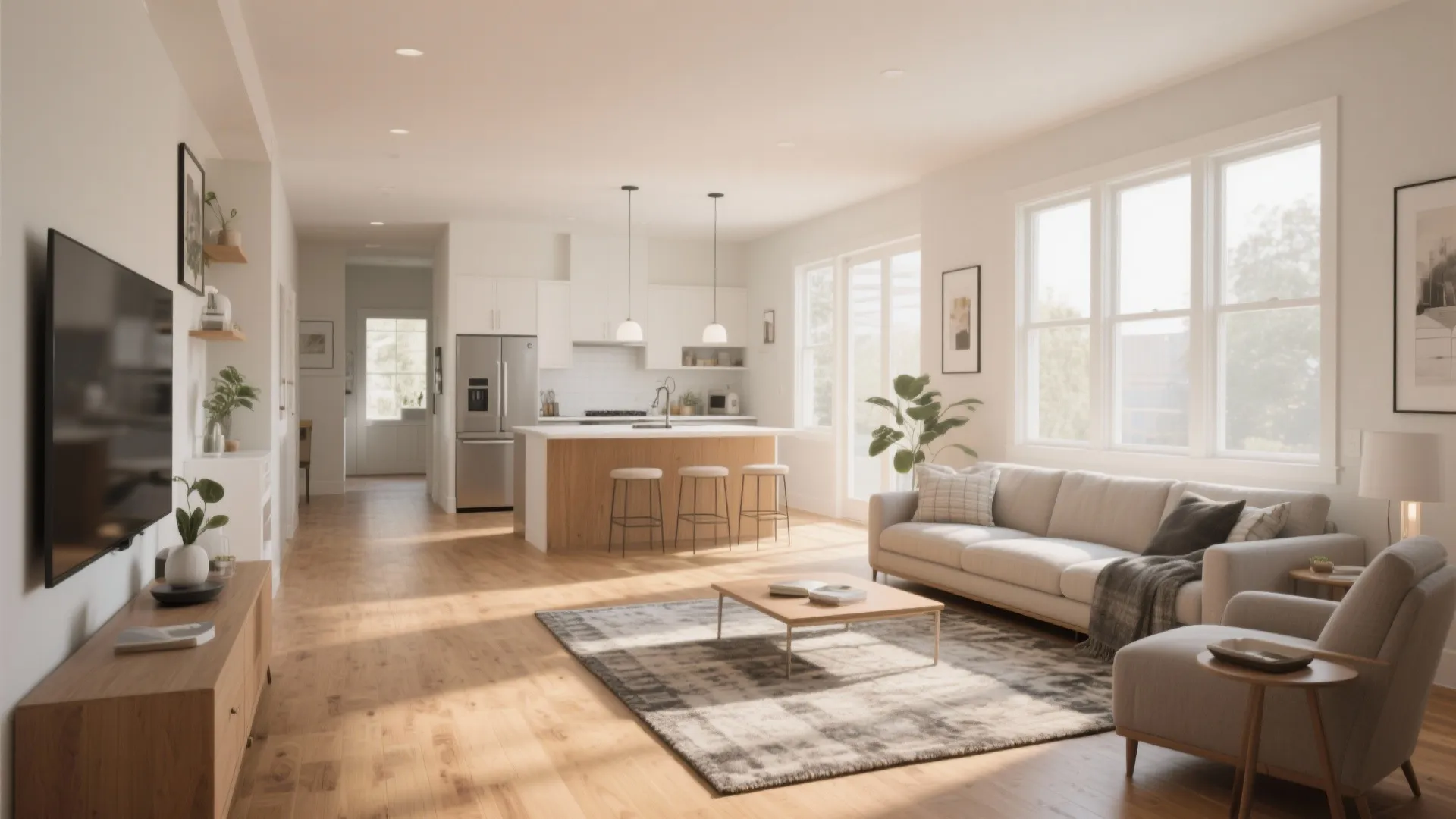 Open plan living room with white sofa plus kitchen island with stools and light wood