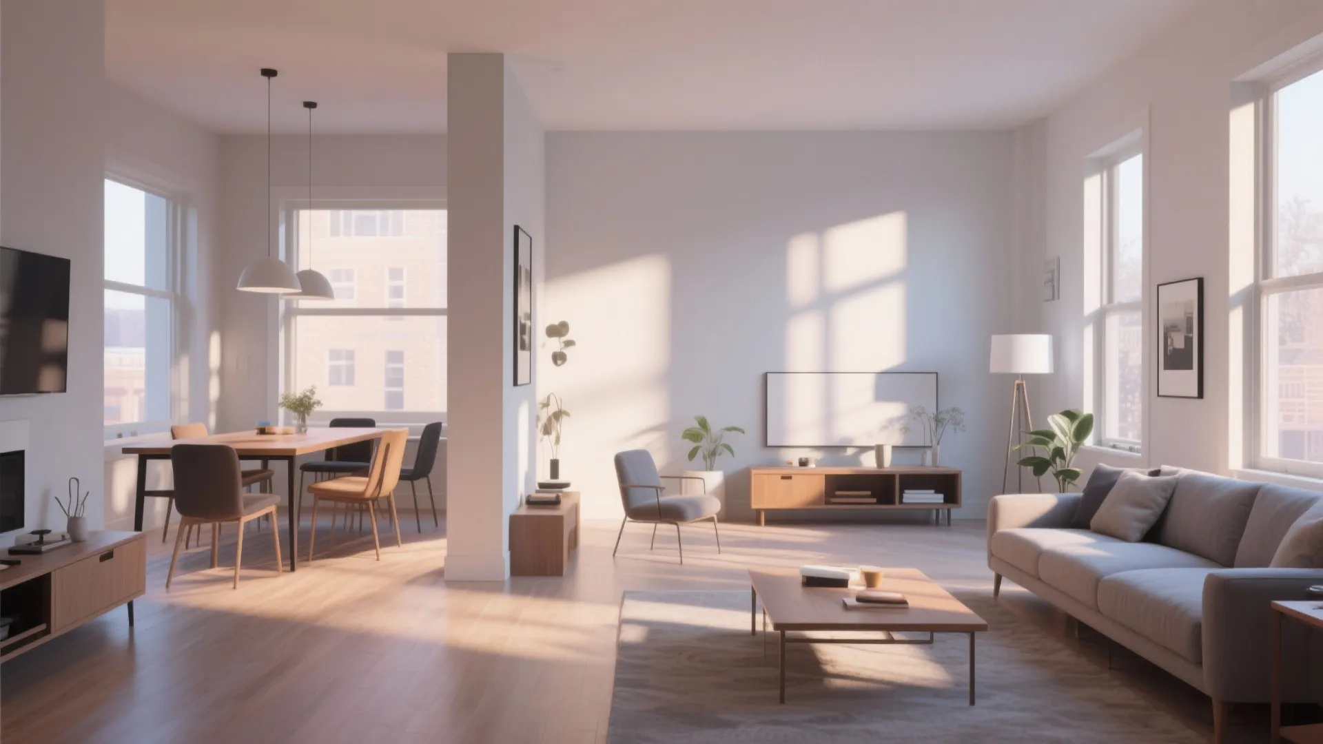 Open concept living space with grey sofa dining table wood floor and bright natural window light