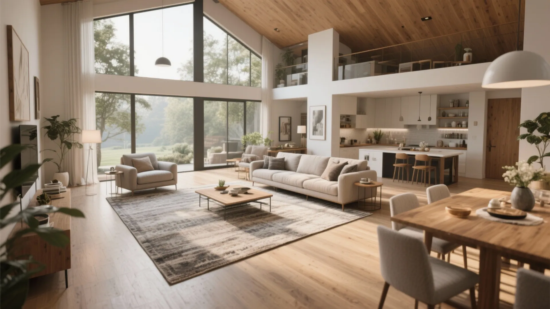 Modern open plan living room with white sofa wooden ceiling large windows and integrated kitchen area