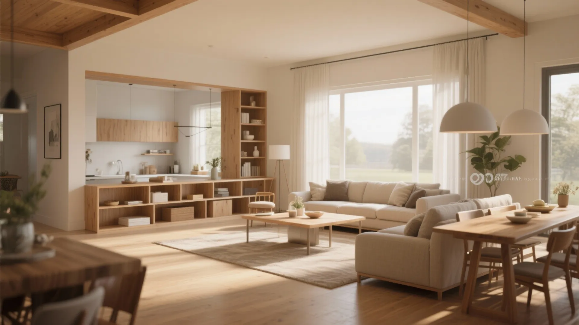 Bright open living area with wooden floors cream sofa dining table and warm natural sun light