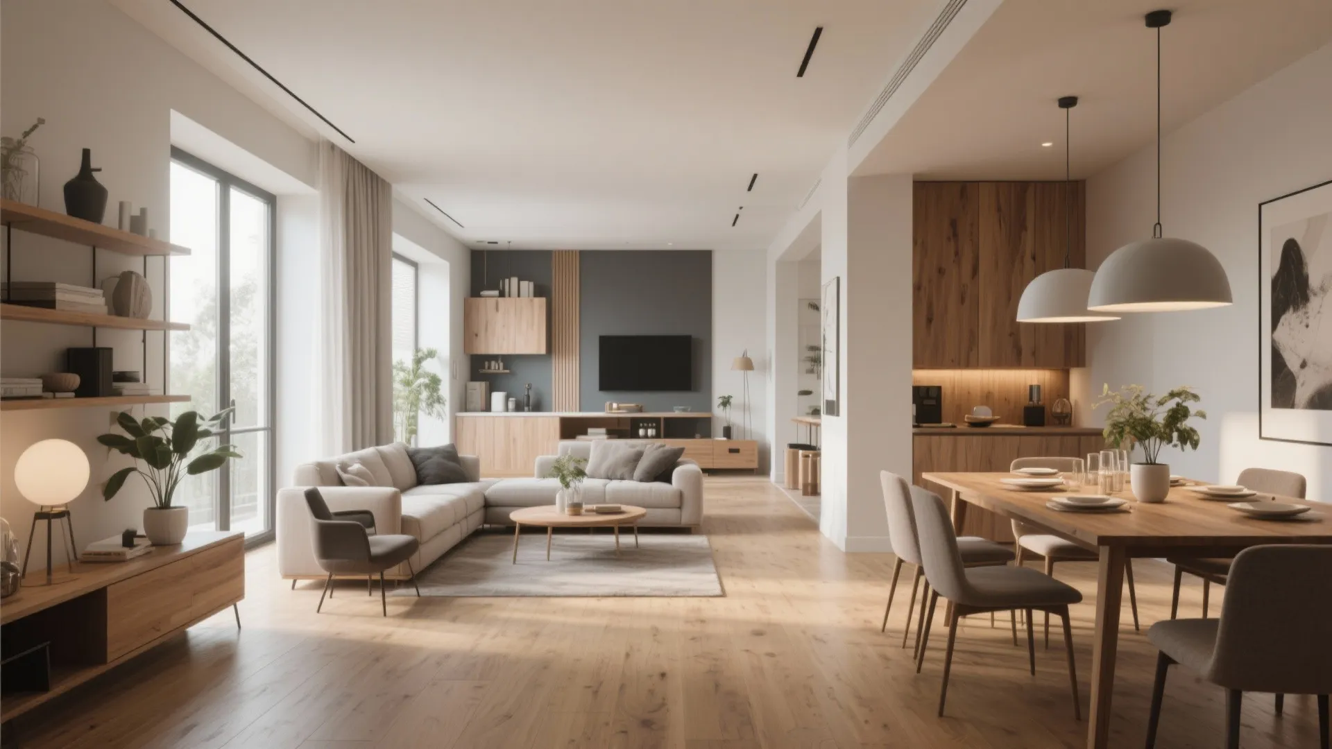 Modern open plan living room with cream sofa wood dining table and grey wall panel design