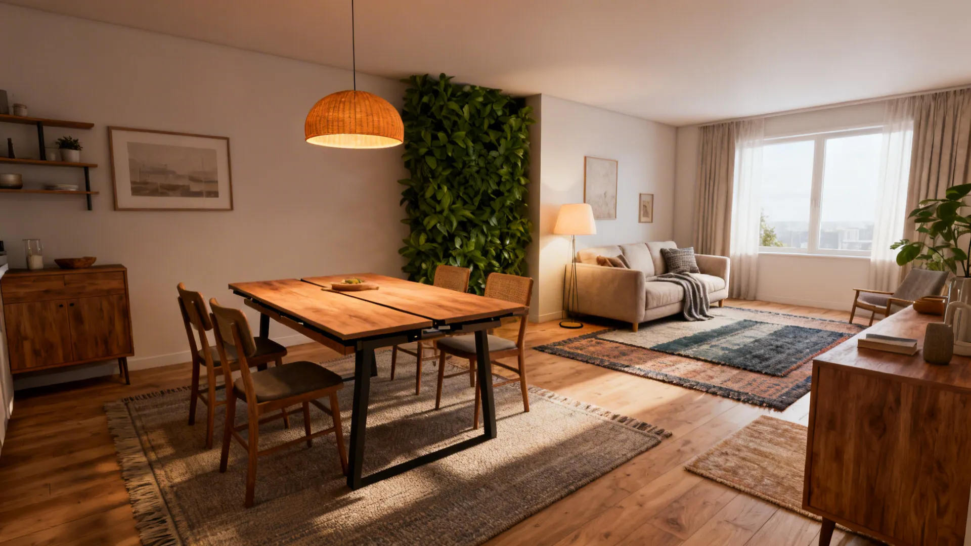 Open plan living area with wooden dining table orange ceiling light sofa and green wall