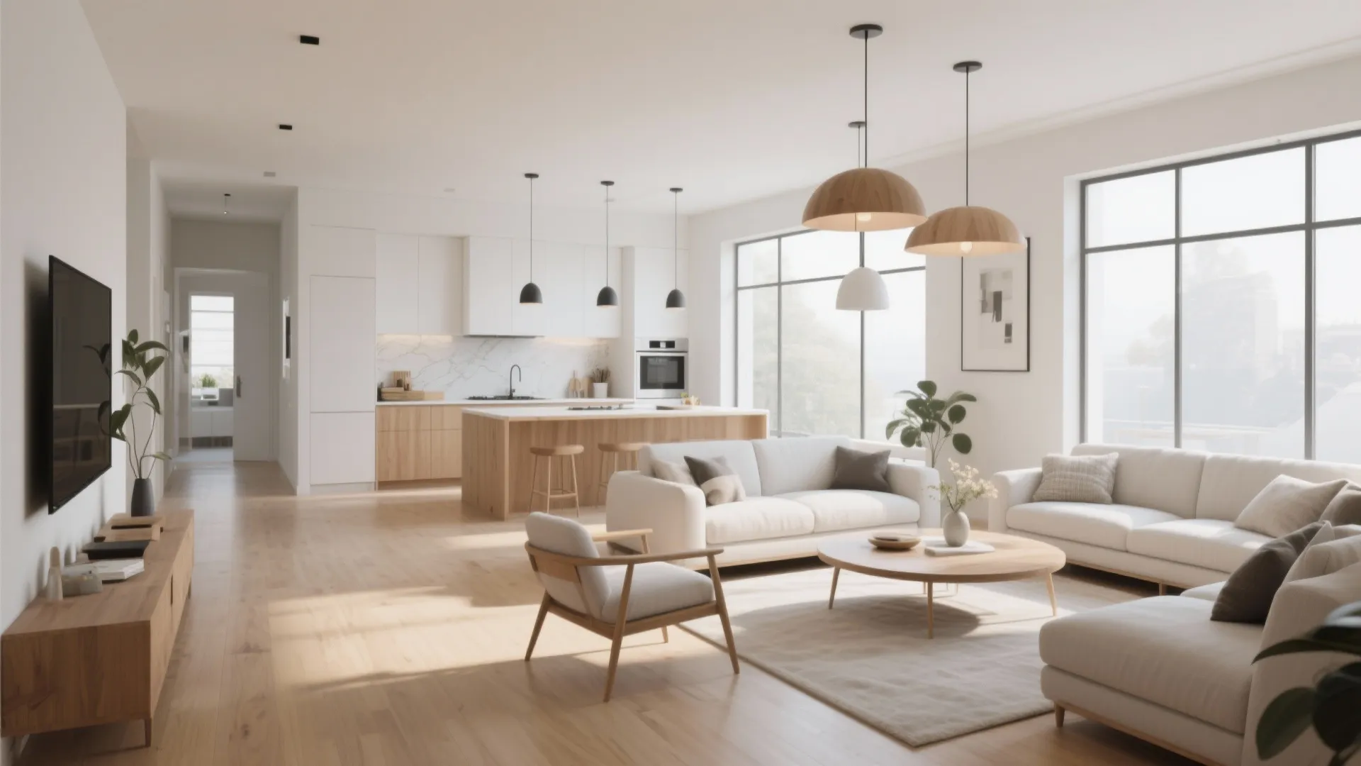 Open plan living room and kitchen with white sofas wooden floor island and ceiling lights