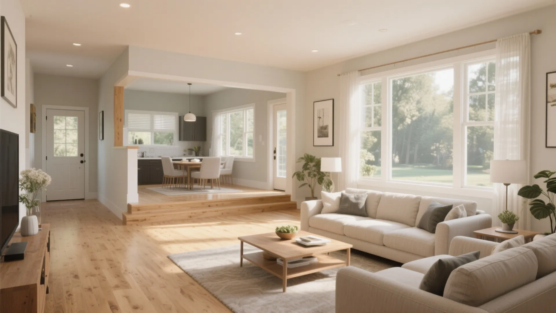 Bright open living room and dining area with wooden floor white sofa and large windows