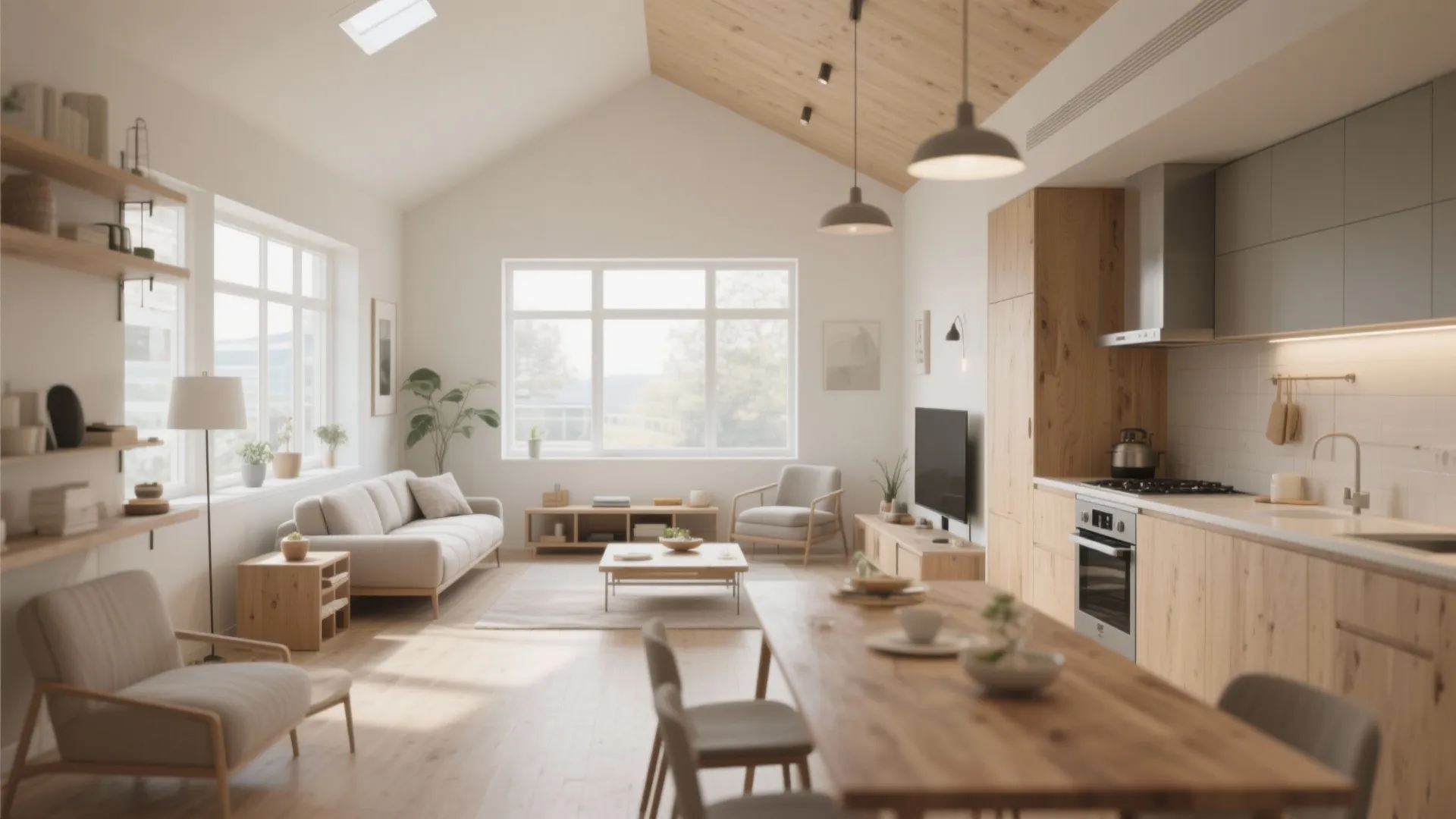 Bright open-plan living room and kitchen with wooden ceiling light furniture and large glass windows