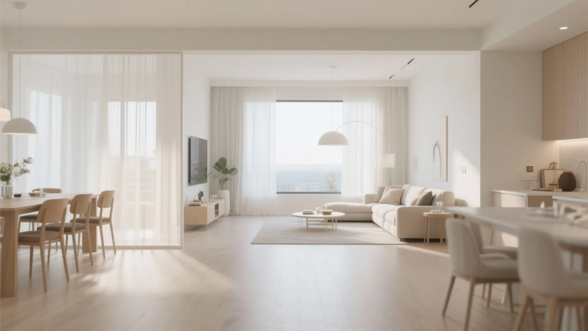 Bright open plan living space with white sofa dining table large windows and wooden flooring